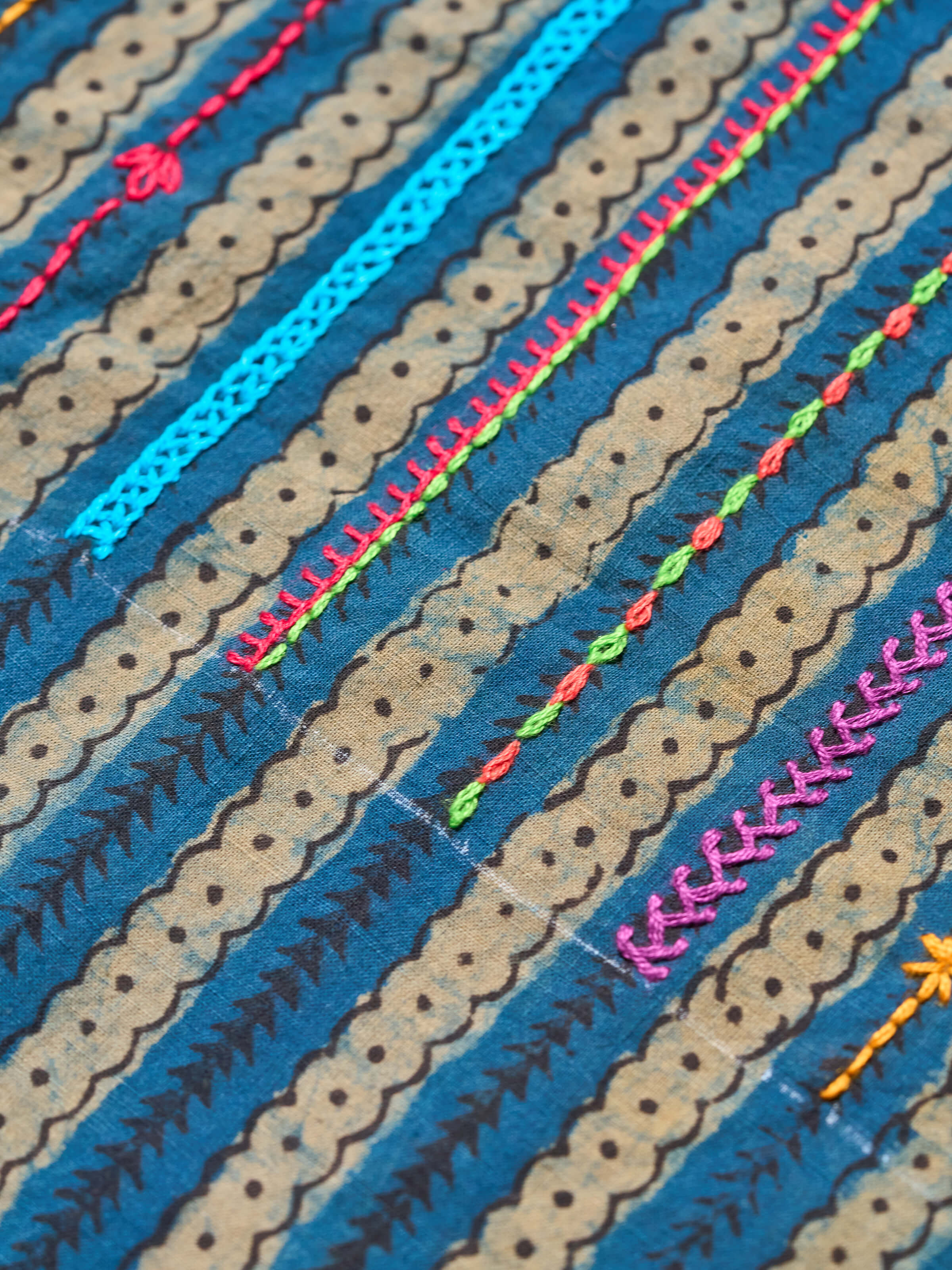 Detail shot of Blue & Beige Cotton Lambani Embroidered Blouse Piece focusing on vibrant Lambani stitches