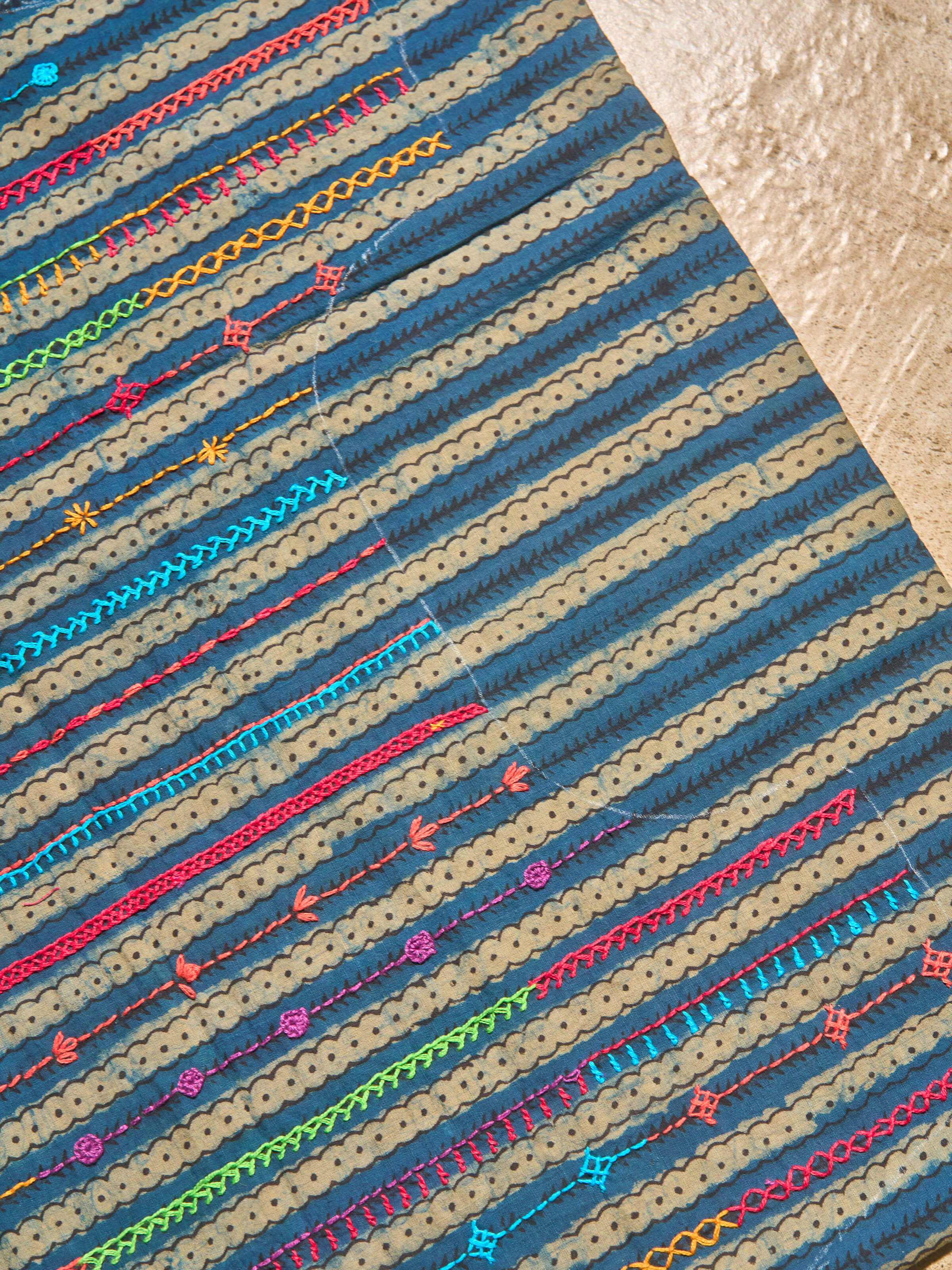 Angled view of Blue & Beige Cotton Lambani Embroidered Blouse Piece displaying design and fabric detail