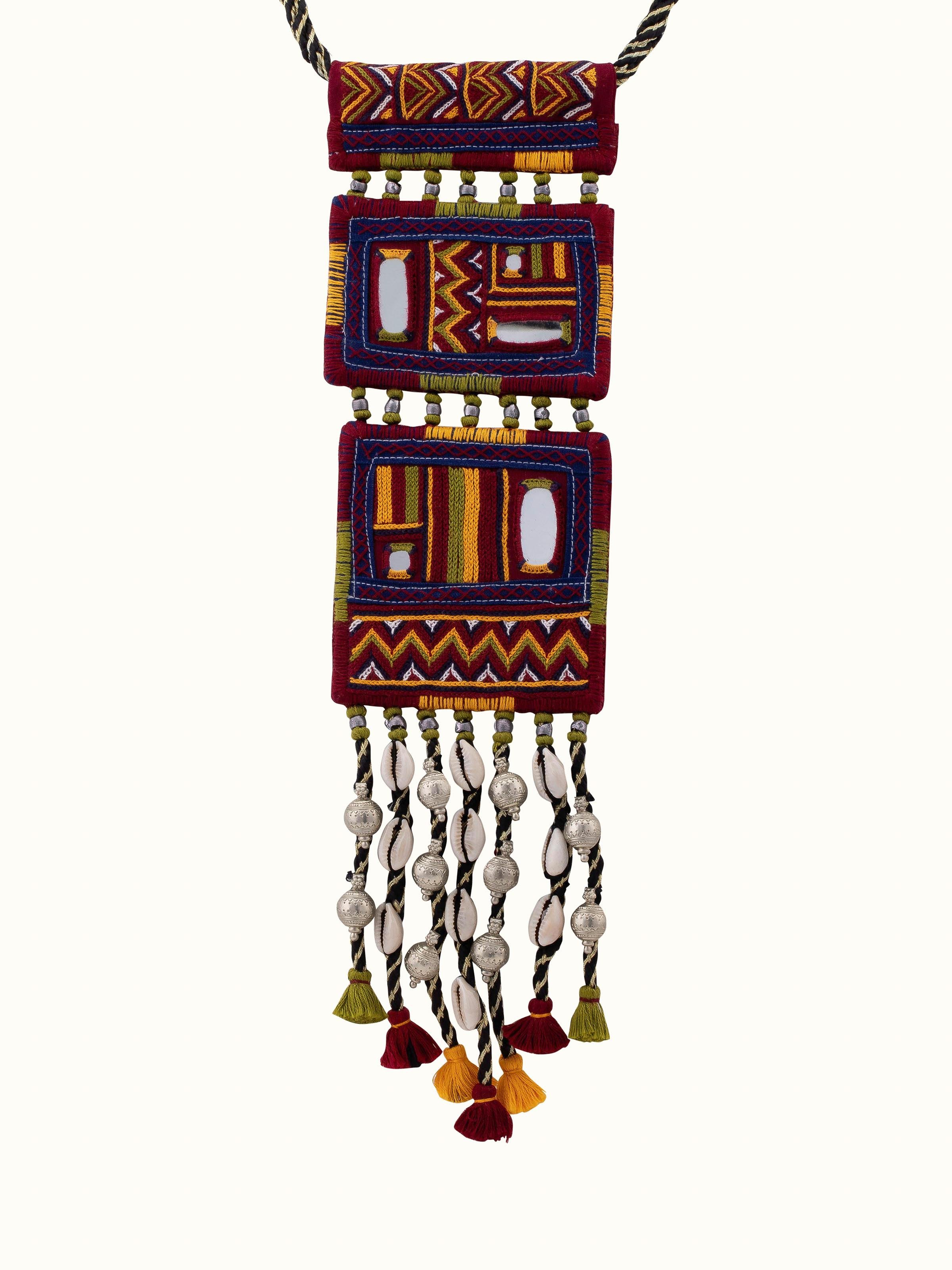 Front view of Banjara Embroidery Long Necklace featuring colorful embroidery and intricate design.