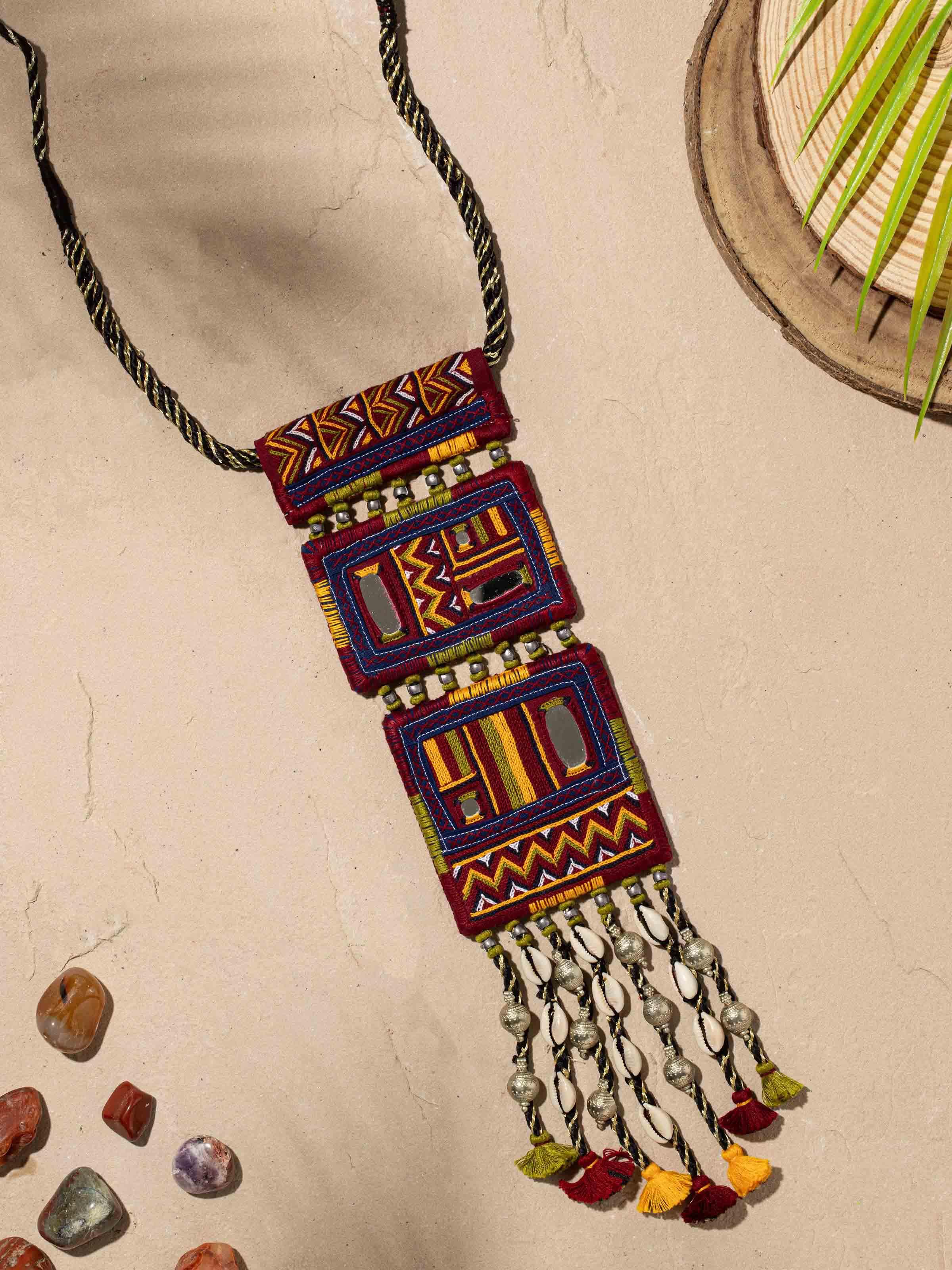 Side view of Banjara Embroidery Long Necklace highlighting the rich embroidery and length.