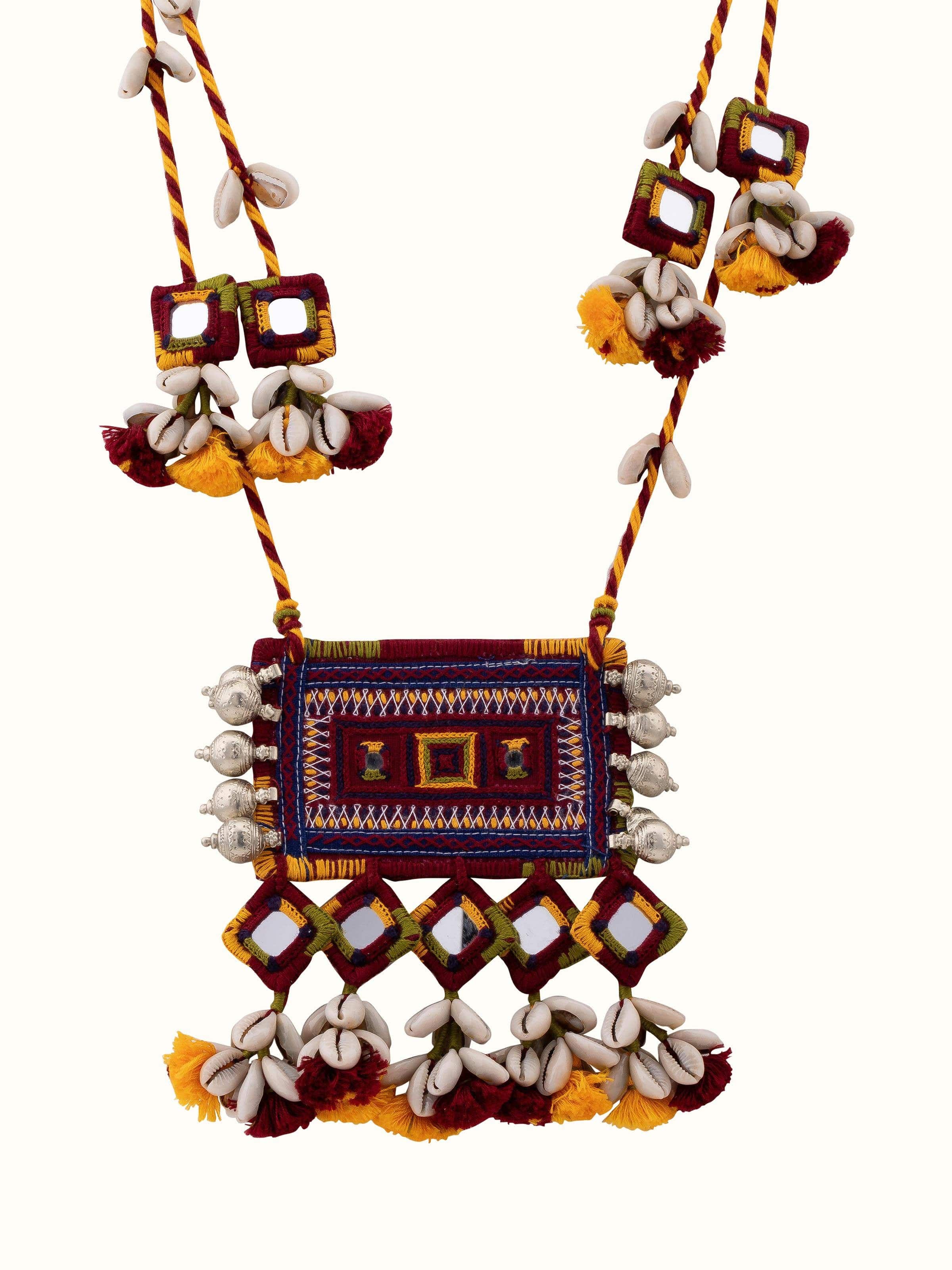 Front view of Banjara embroidery long necklace highlighting traditional design and vibrant colors