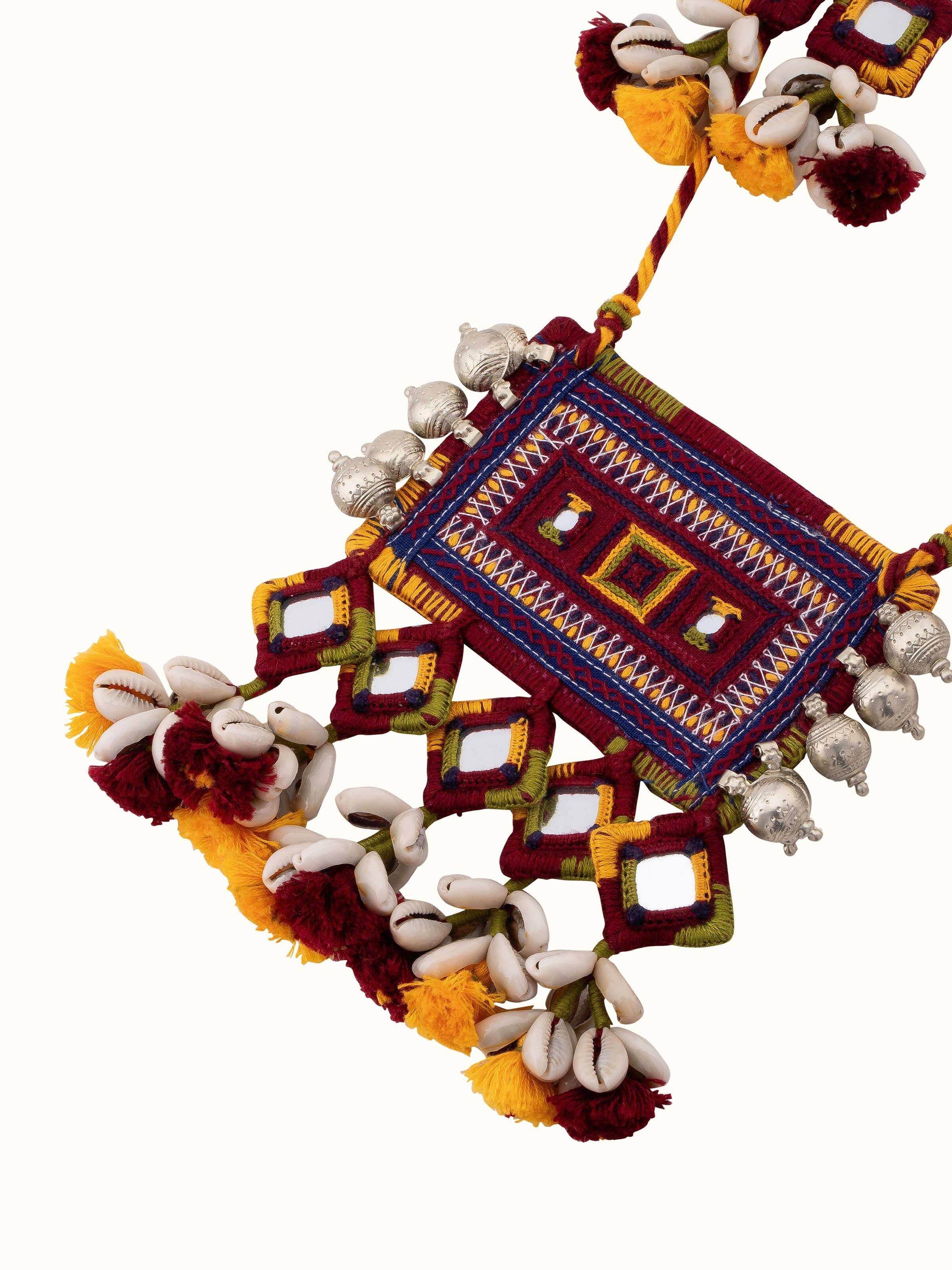 Angled view of Banjara embroidery long necklace featuring a detailed design and elegant drape