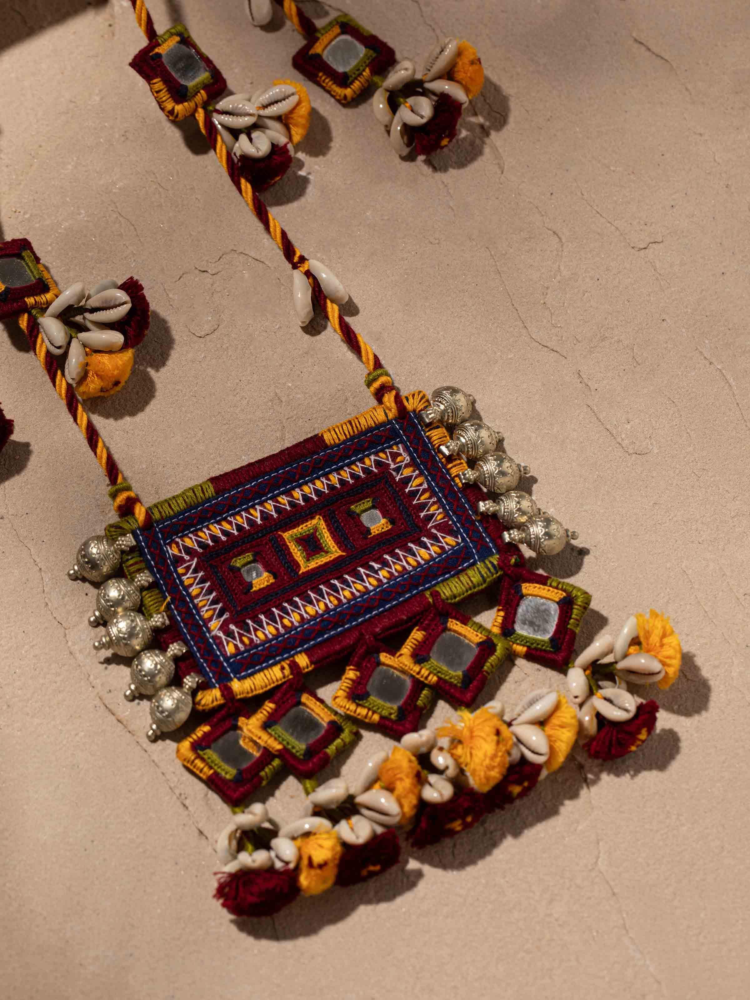 Detailed view of Banjara embroidery long necklace highlighting the craftsmanship and vibrant embroidery