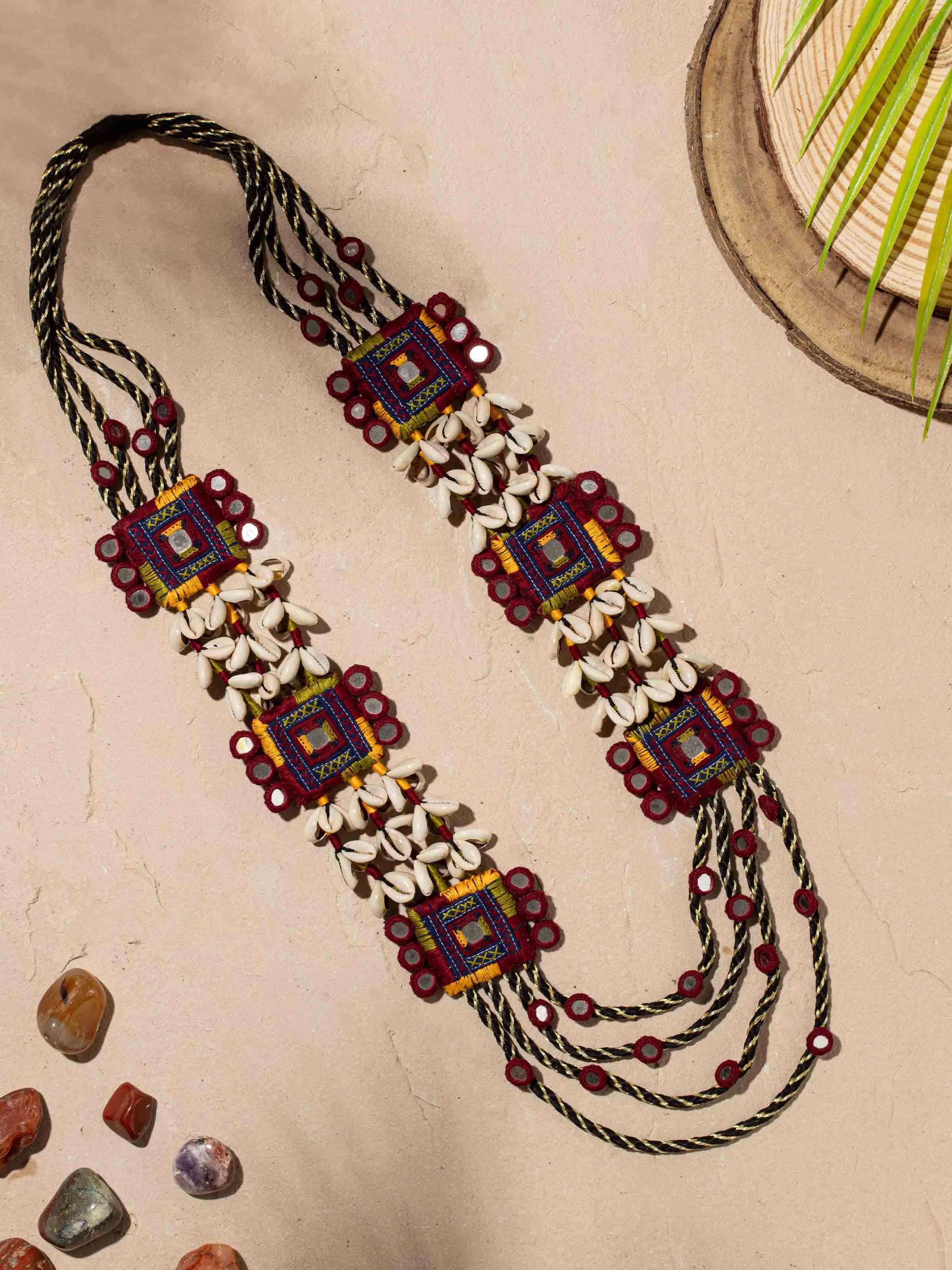 Close-up view of Banjara Embroidery Long Necklace highlighting intricate embroidery details.