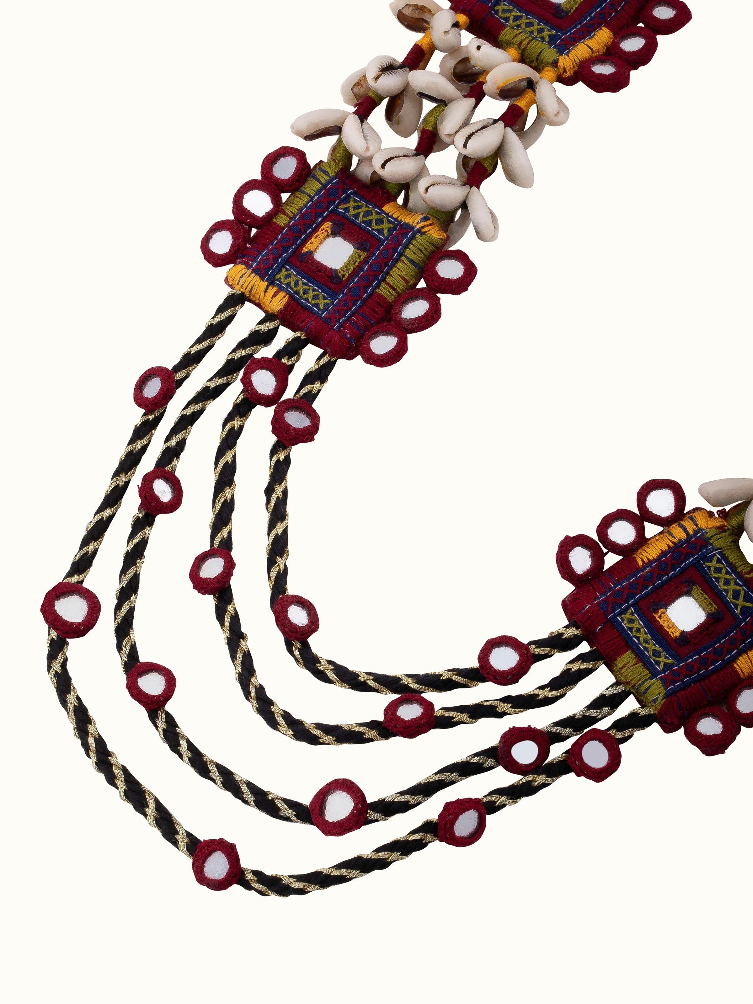 Angled view of Banjara Embroidery Long Necklace emphasizing intricate embroidery work.