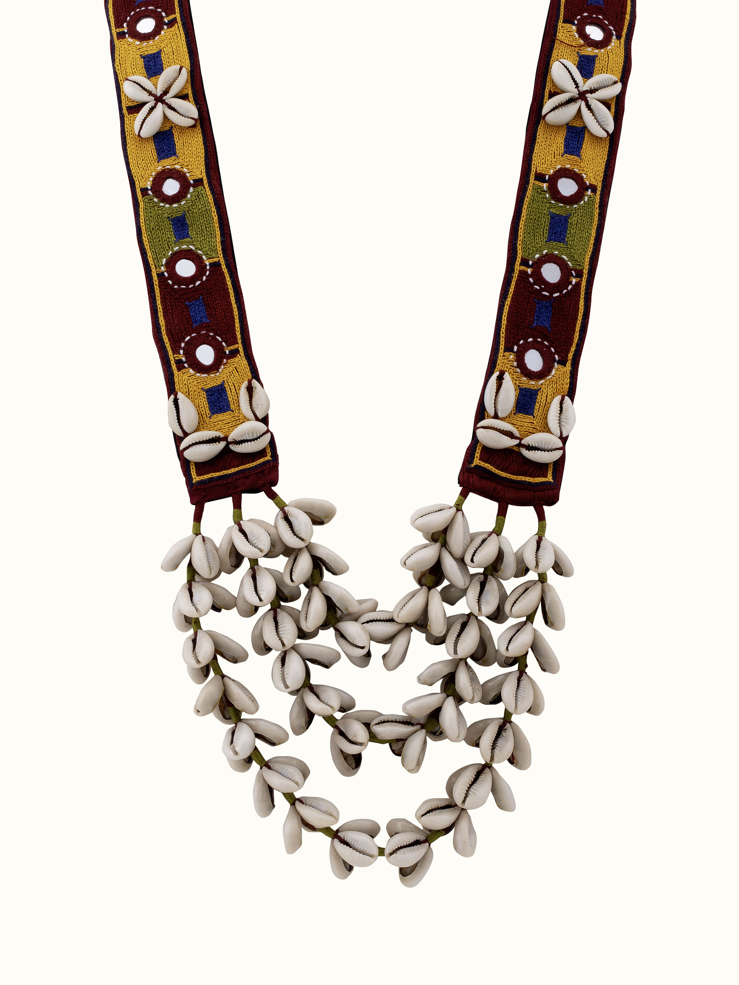 Front view of Banjara Embroidery Long Necklace featuring vibrant embroidery and intricate beadwork.