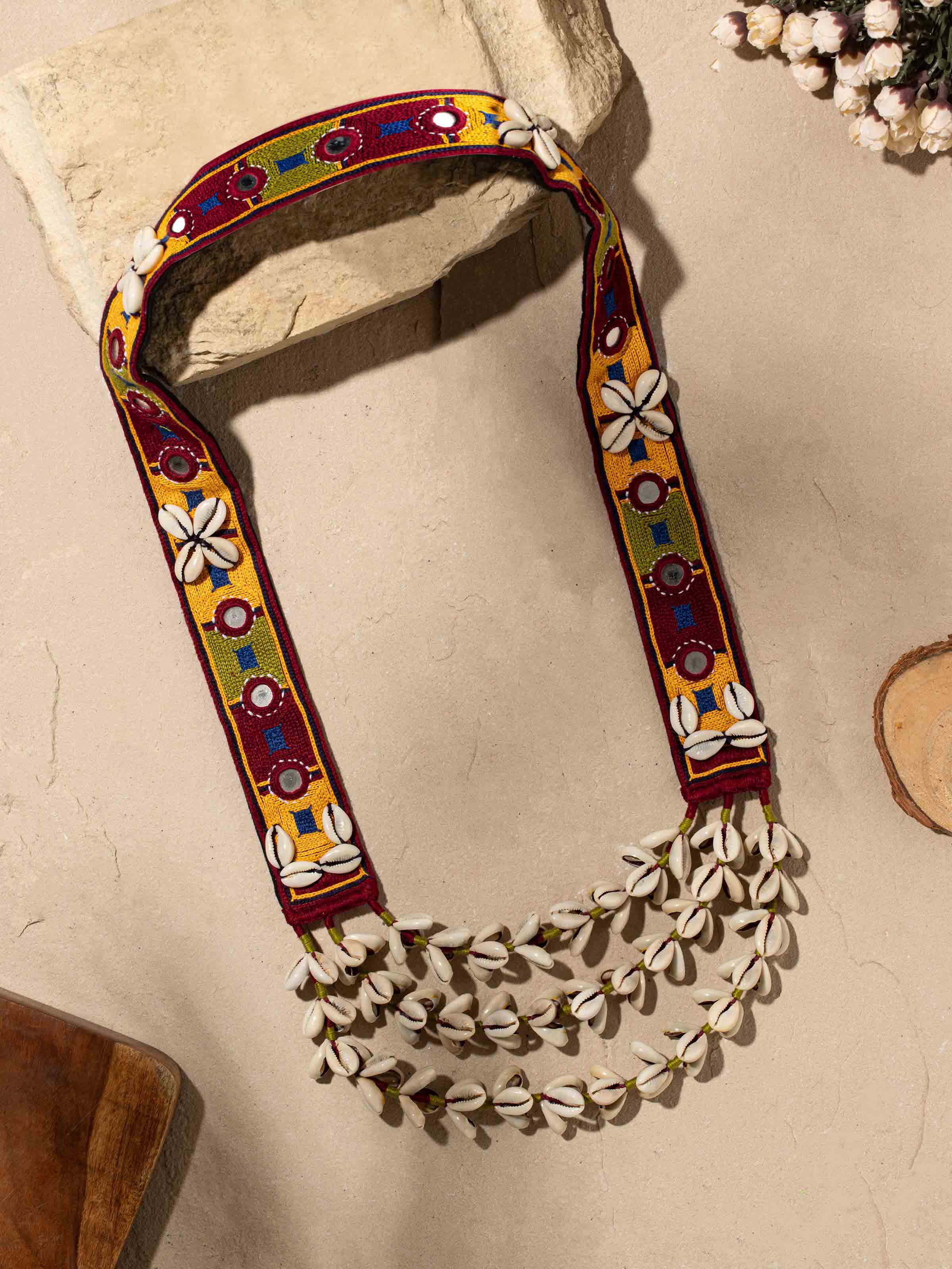 Close-up of Banjara Embroidery Long Necklace highlighting intricate embroidery and vibrant colors.