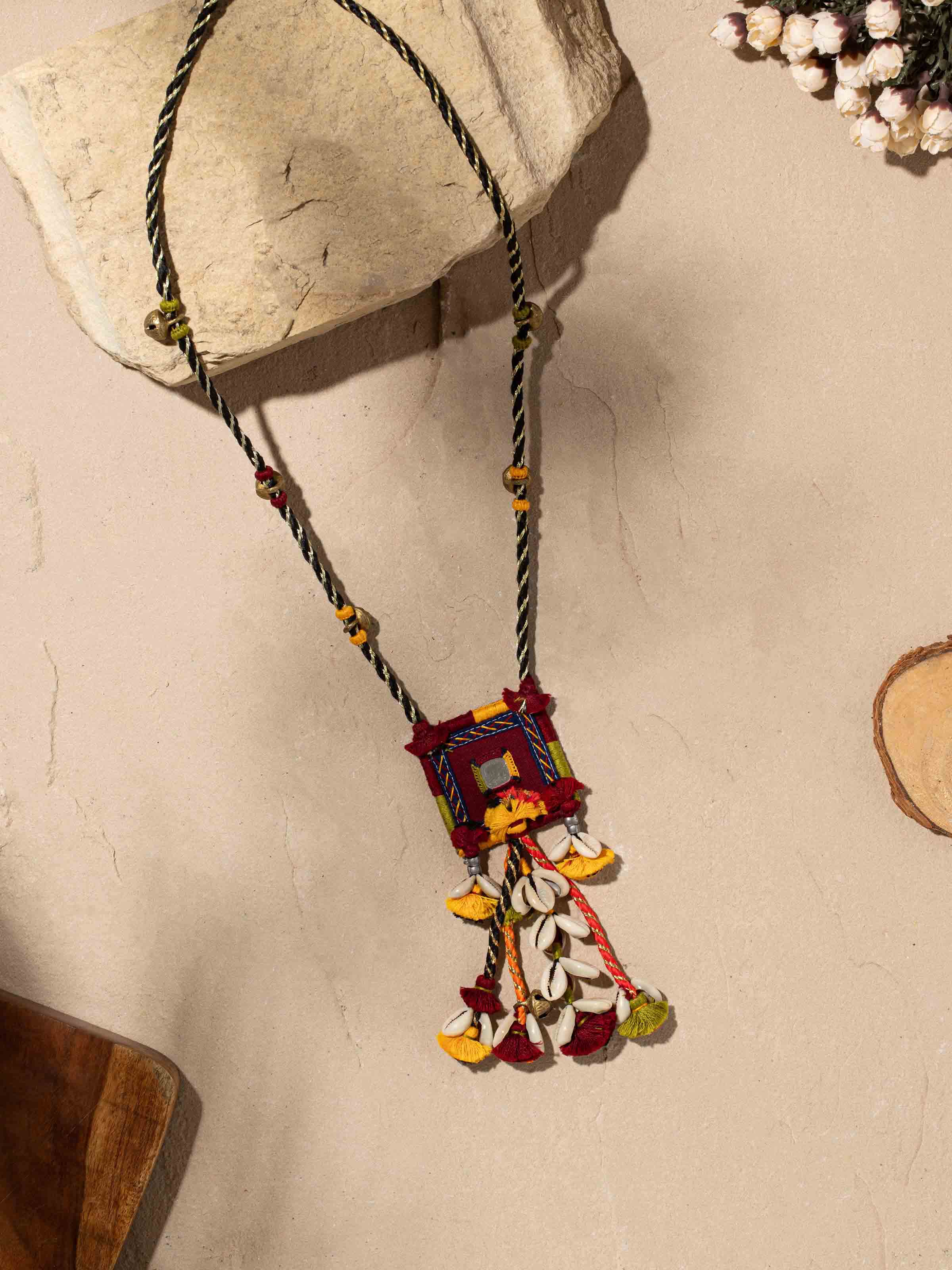 Side view of Banjara Embroidery Long Necklace highlighting the length and detailed embroidery work.