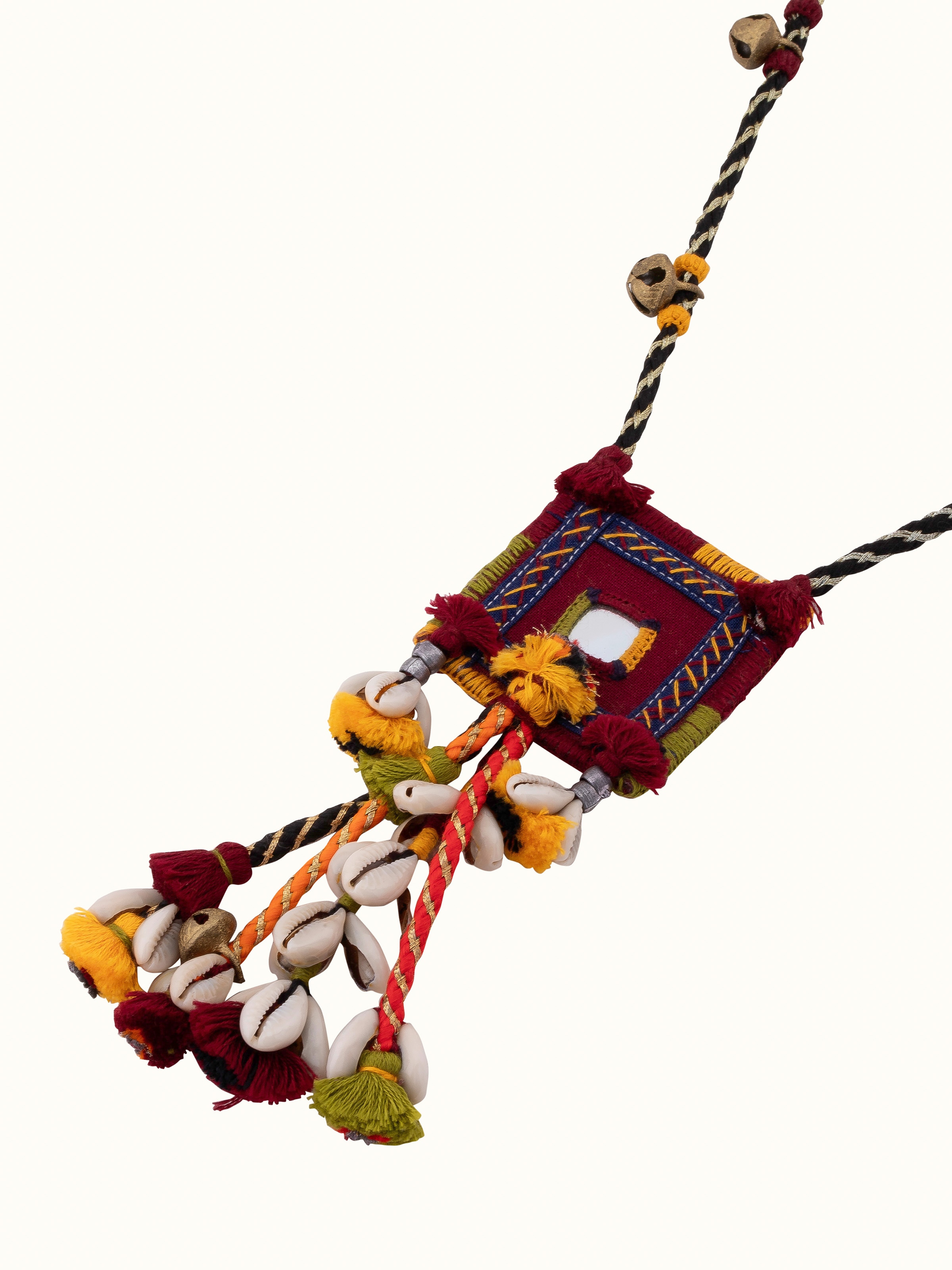Angled view of Banjara Embroidery Long Necklace showcasing the intricate embroidery patterns.