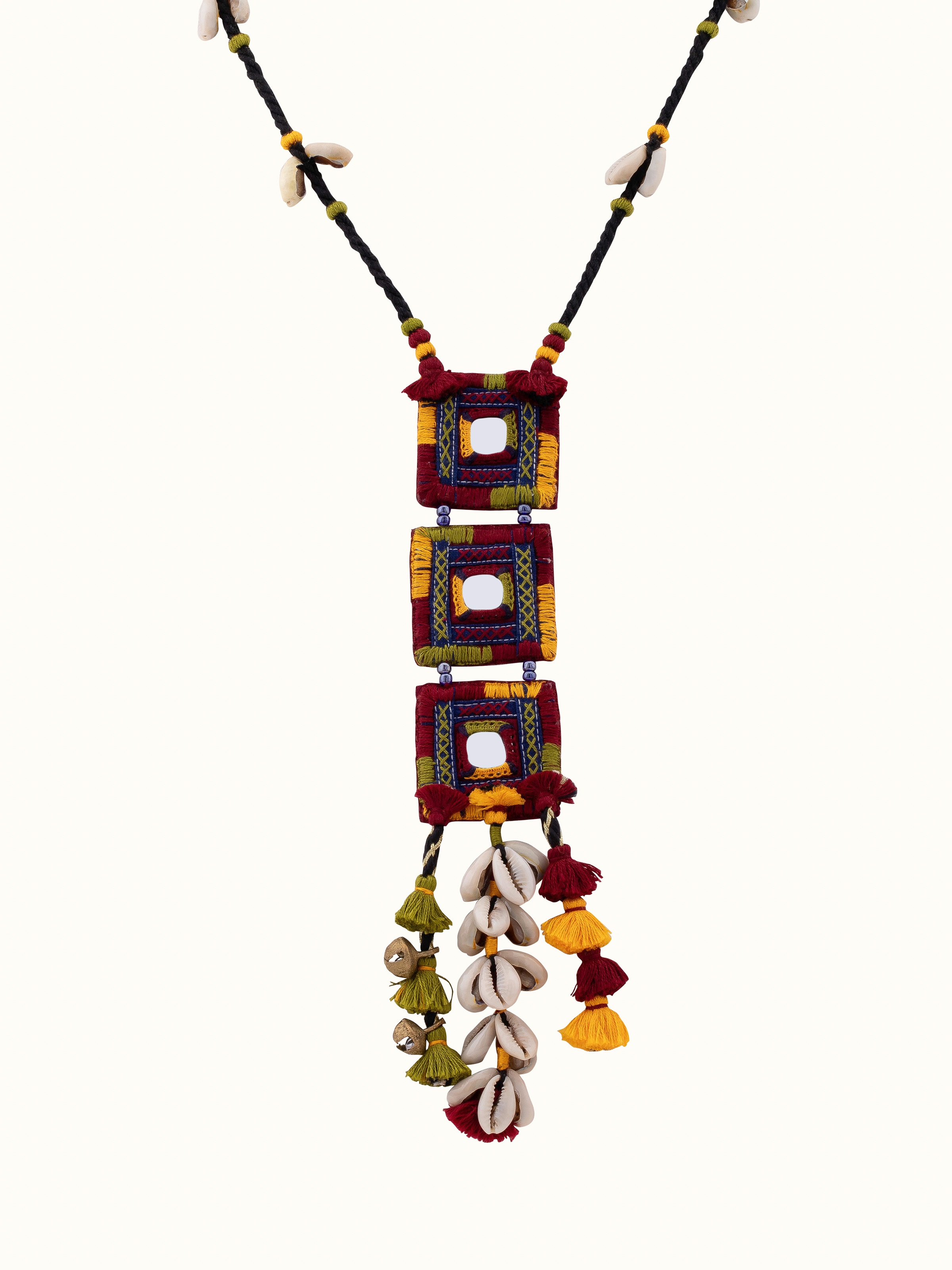 Front view of Banjara embroidery long necklace featuring vibrant colors and intricate embroidery.