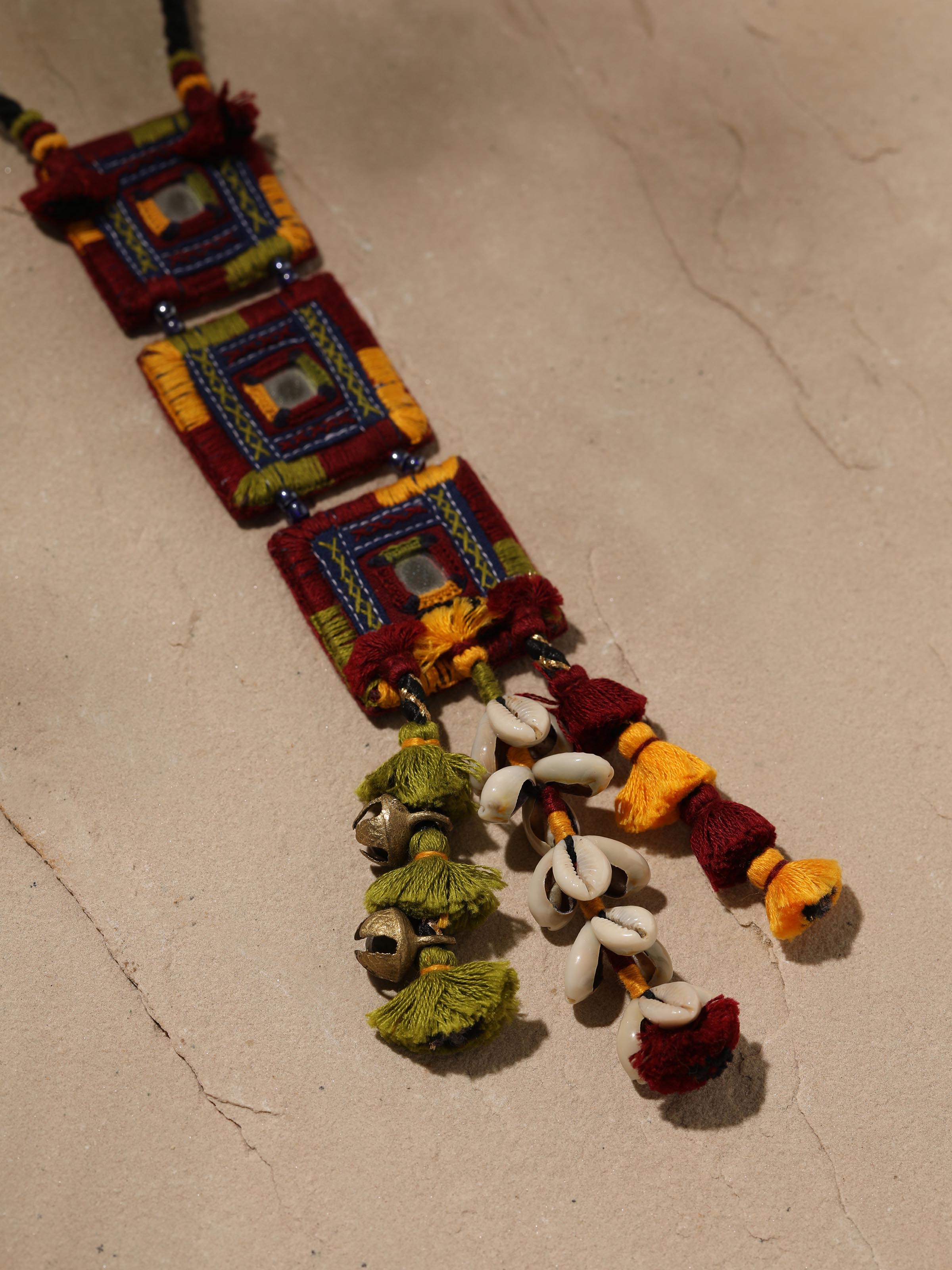 Detailed close-up of Banjara embroidery long necklace highlighting the intricate embroidery work.