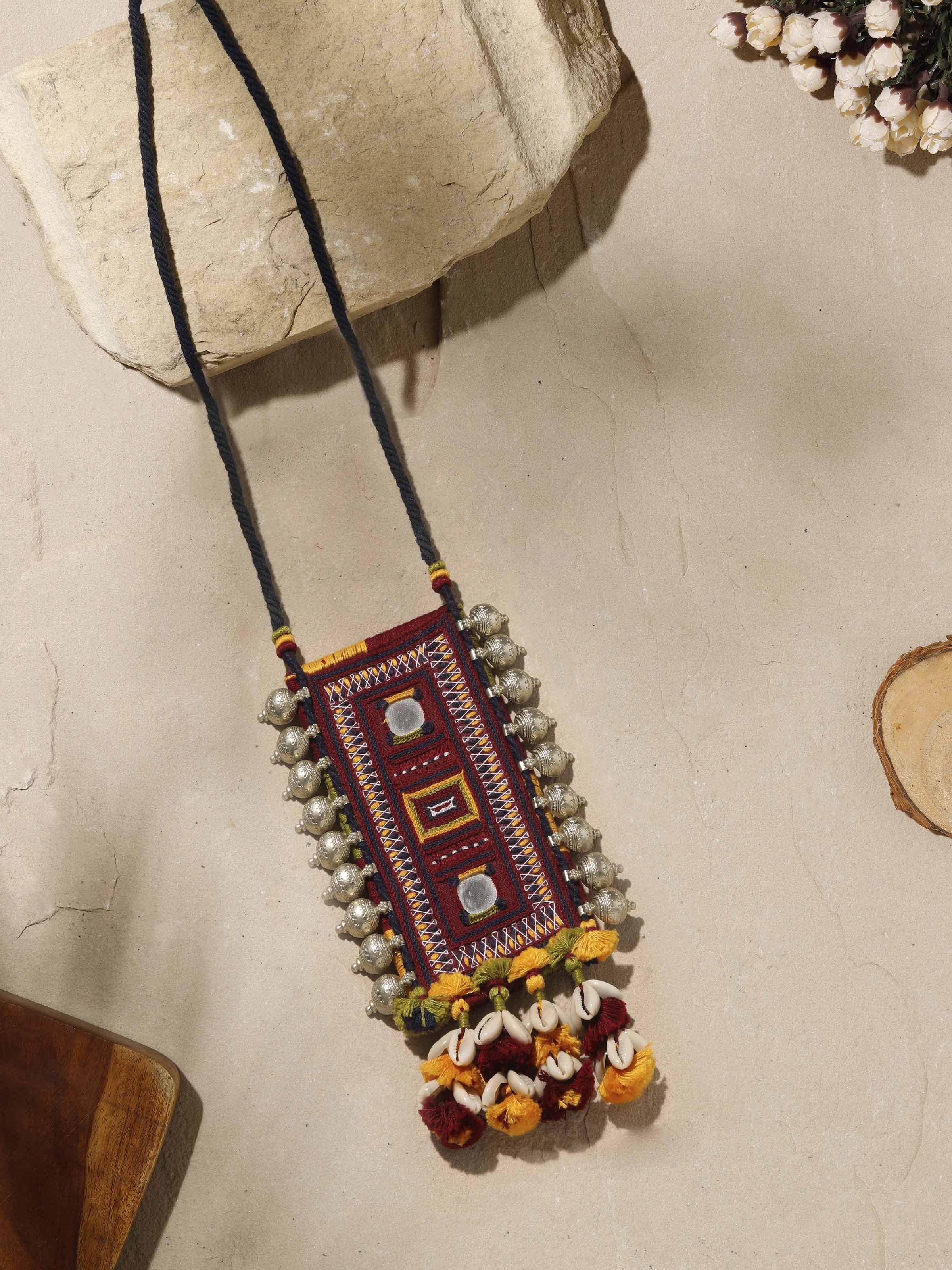 Close-up view of Banjara Embroidery Long Necklace showcasing detailed embroidery and design.