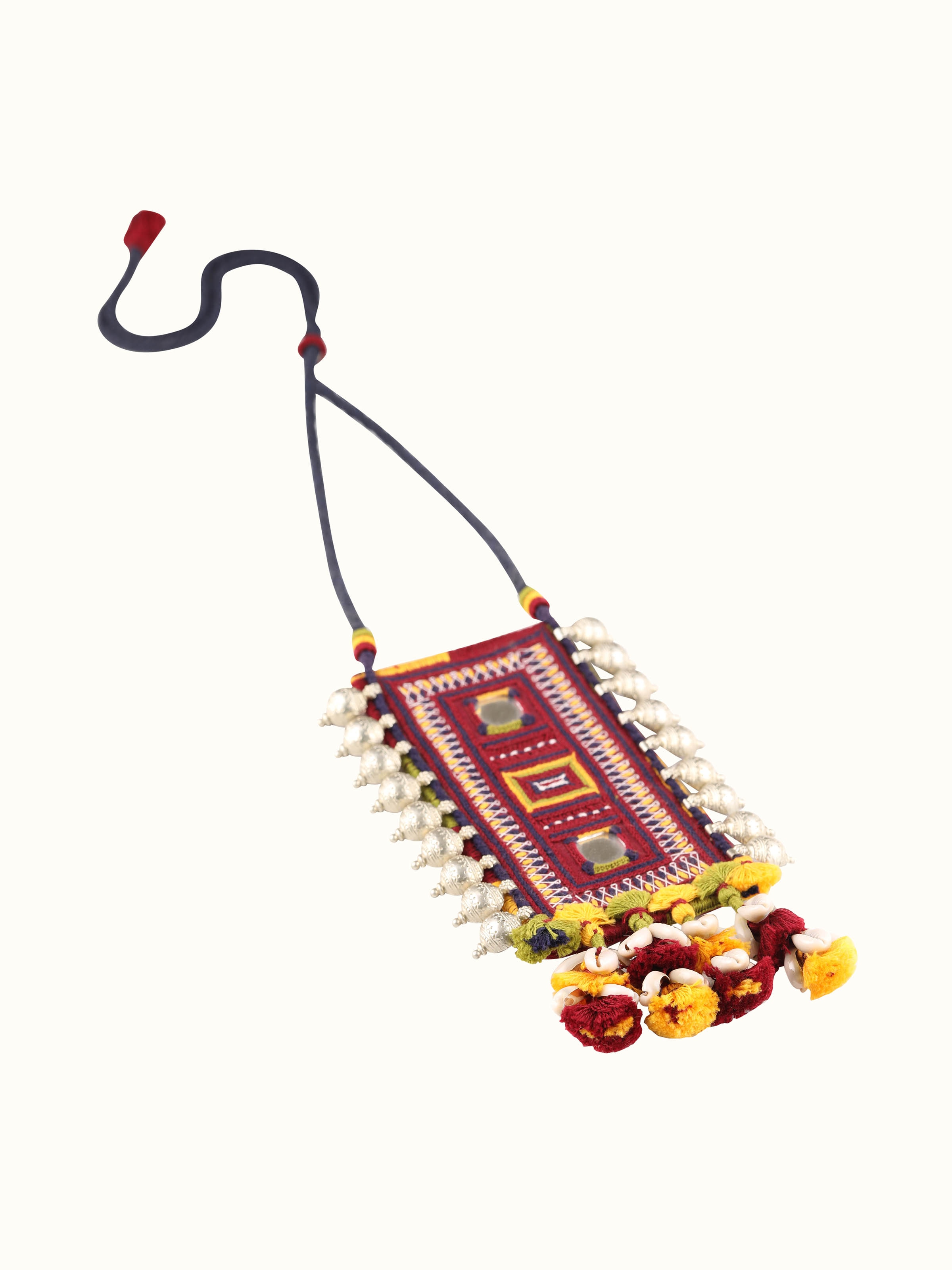 Angled view of Banjara Embroidery Long Necklace showcasing traditional embroidery and overall design.