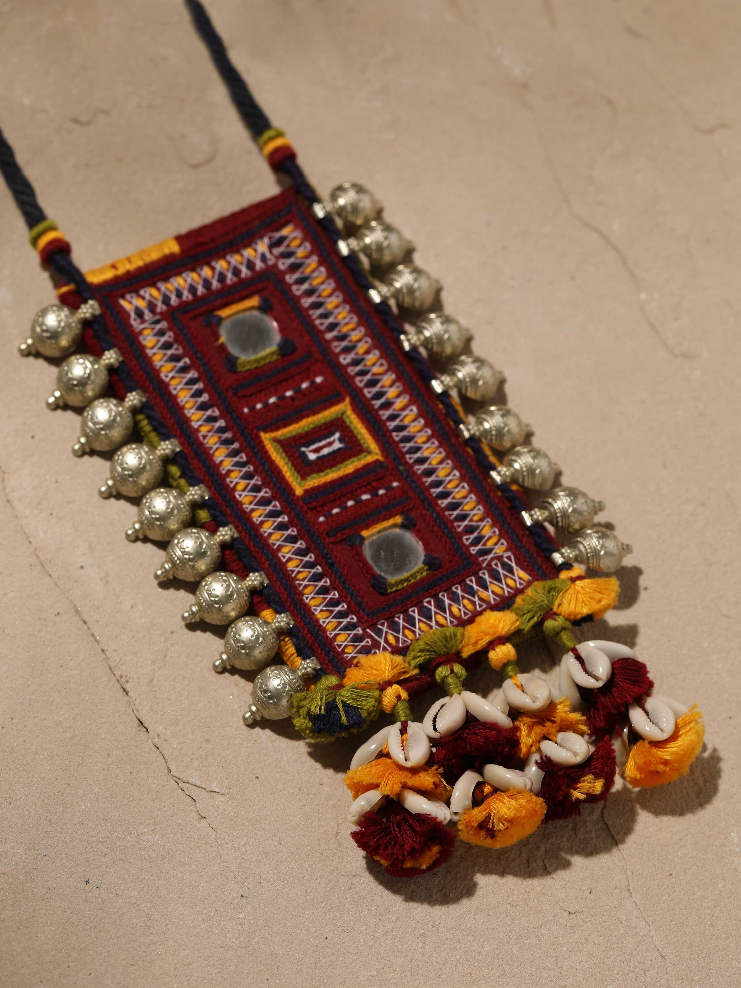 Back view of Banjara Embroidery Long Necklace displaying the clasp and overall design.
