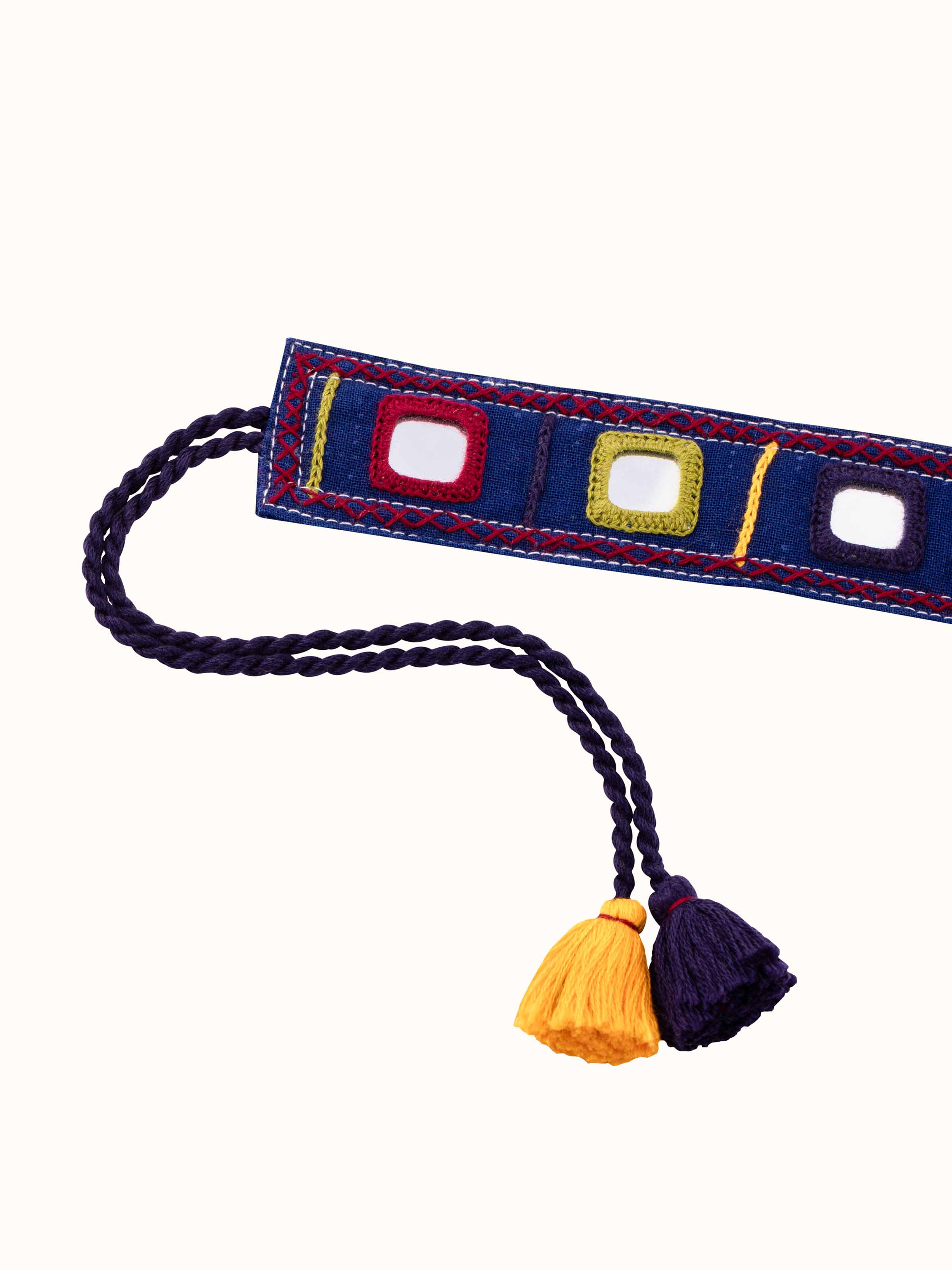 Close-up view of Banjara embroidery waist belt emphasizing its intricate design