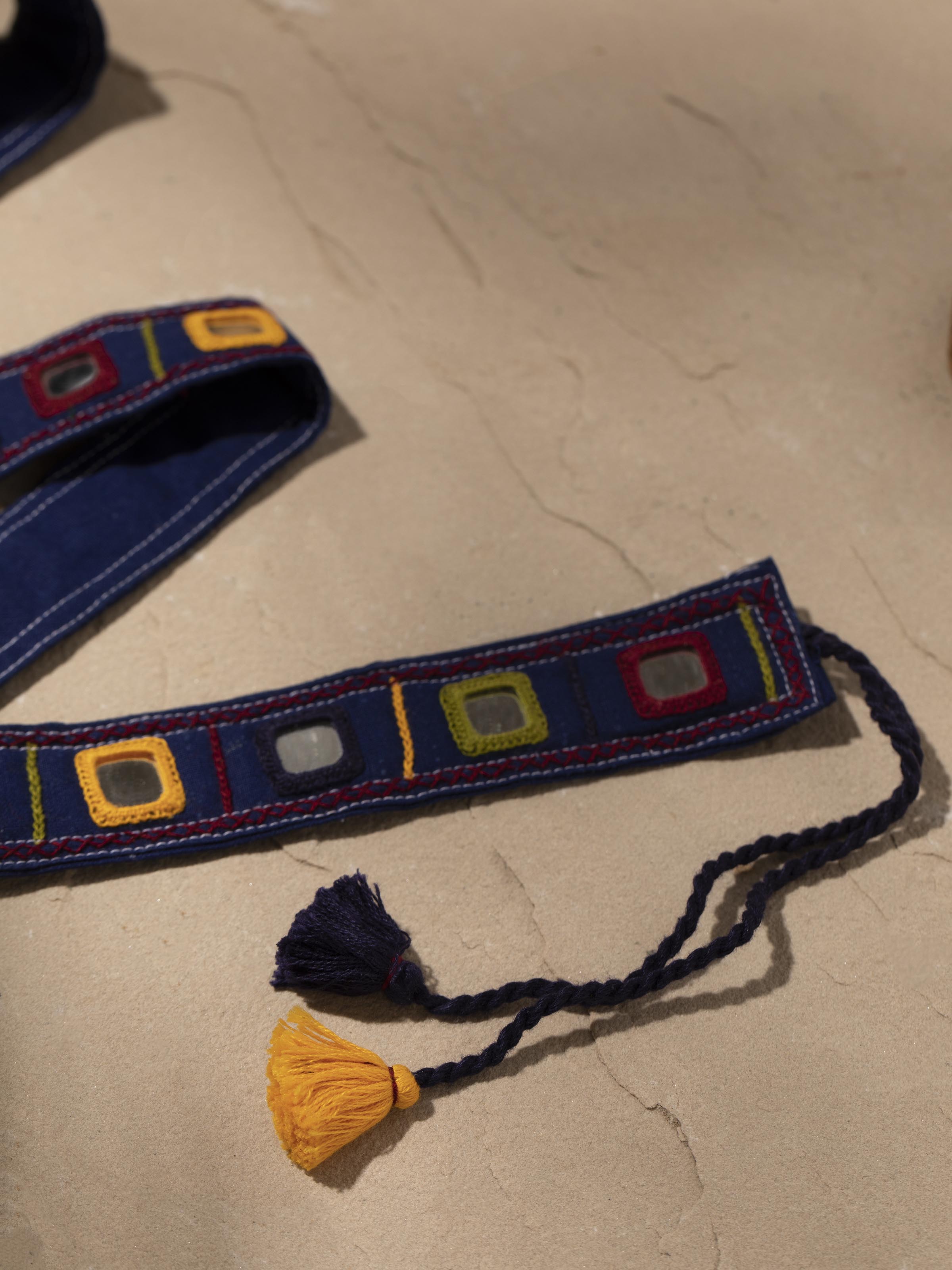 Detailed front view of Banjara embroidery waist belt showcasing its colorful embroidery