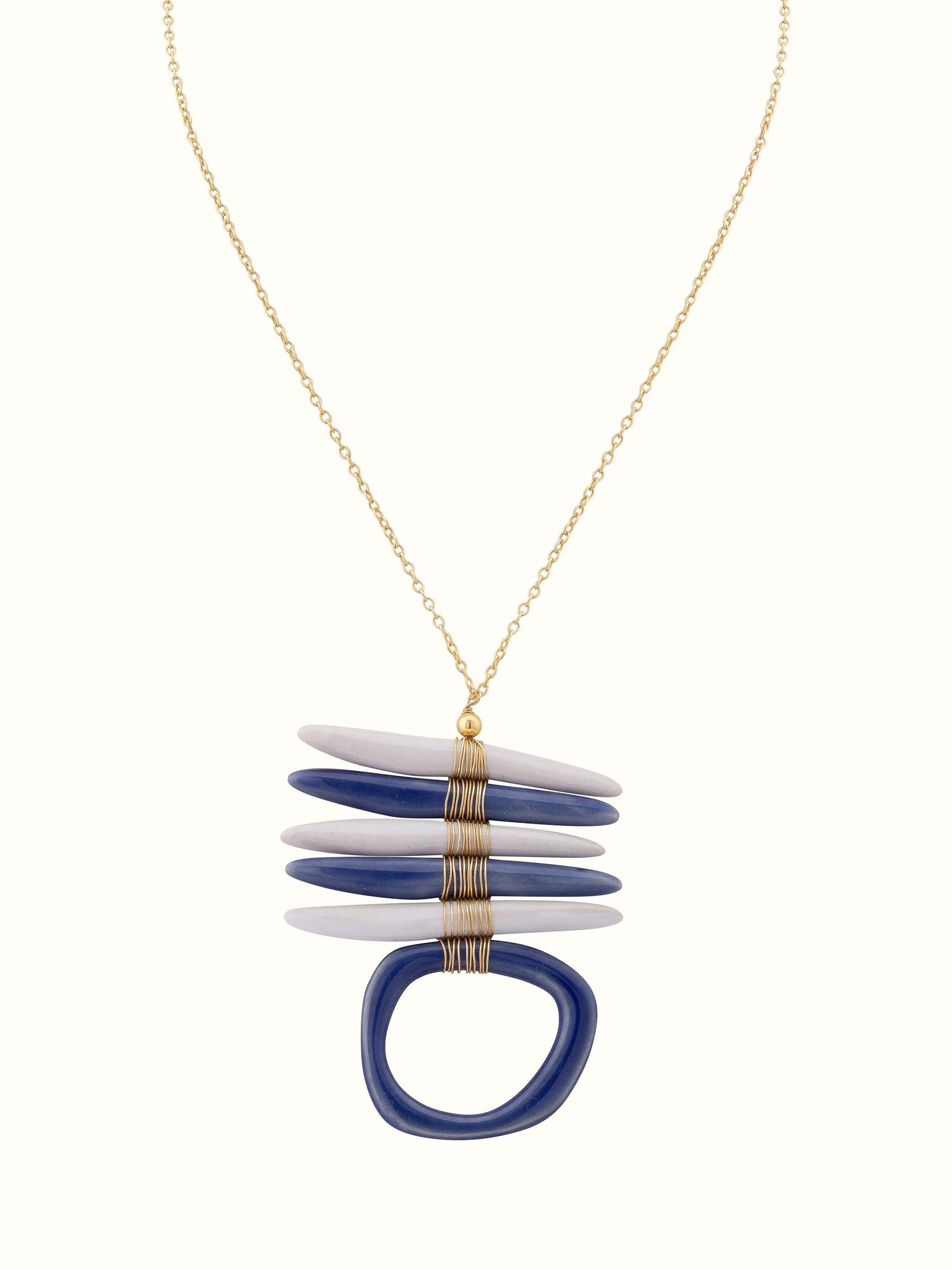 Front view of ceramic long necklace showcasing its colorful beads and elegant design