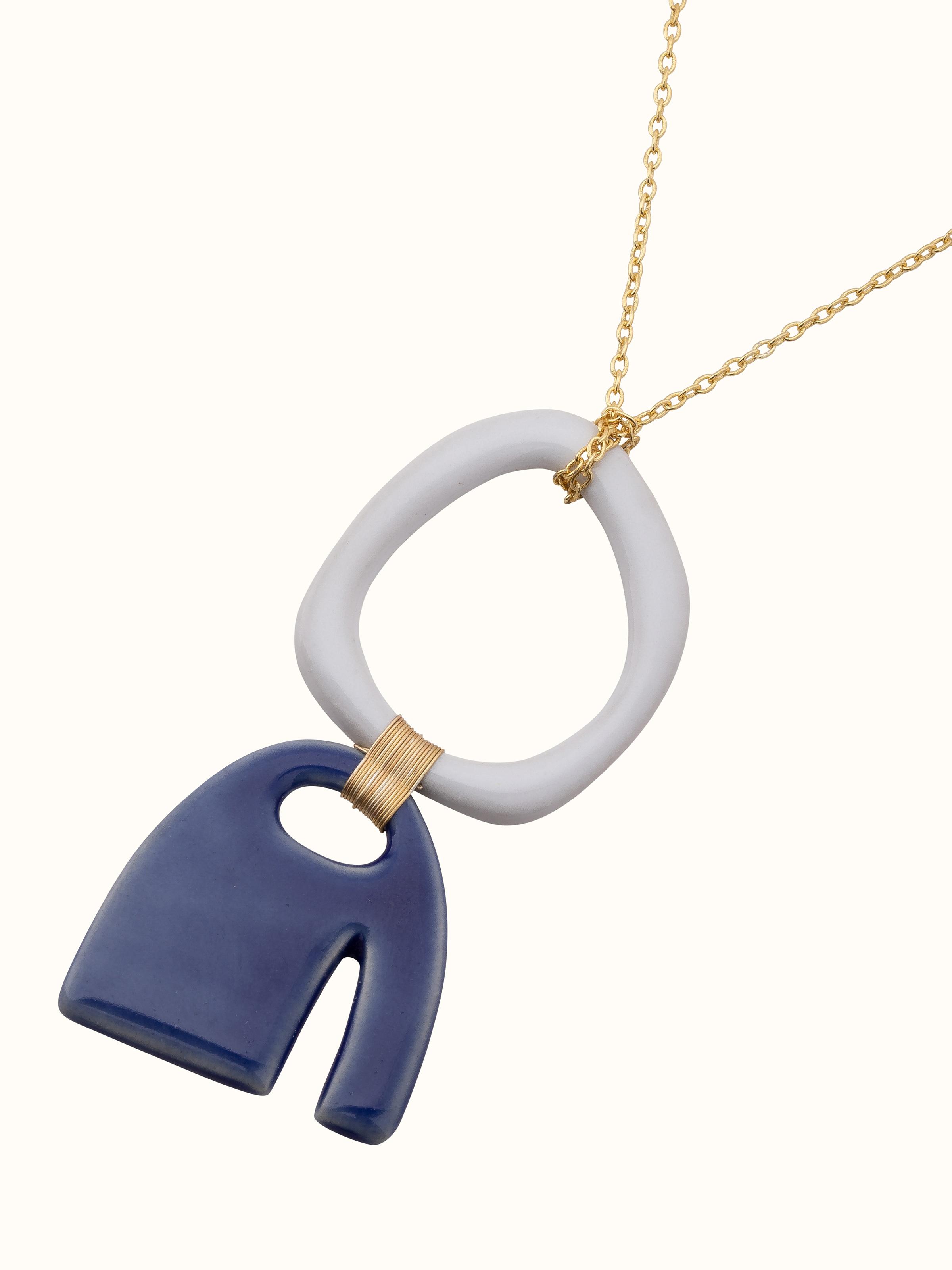 Angled view of Ceramic Long Necklace emphasizing the vibrant colors and intricate ceramic work.