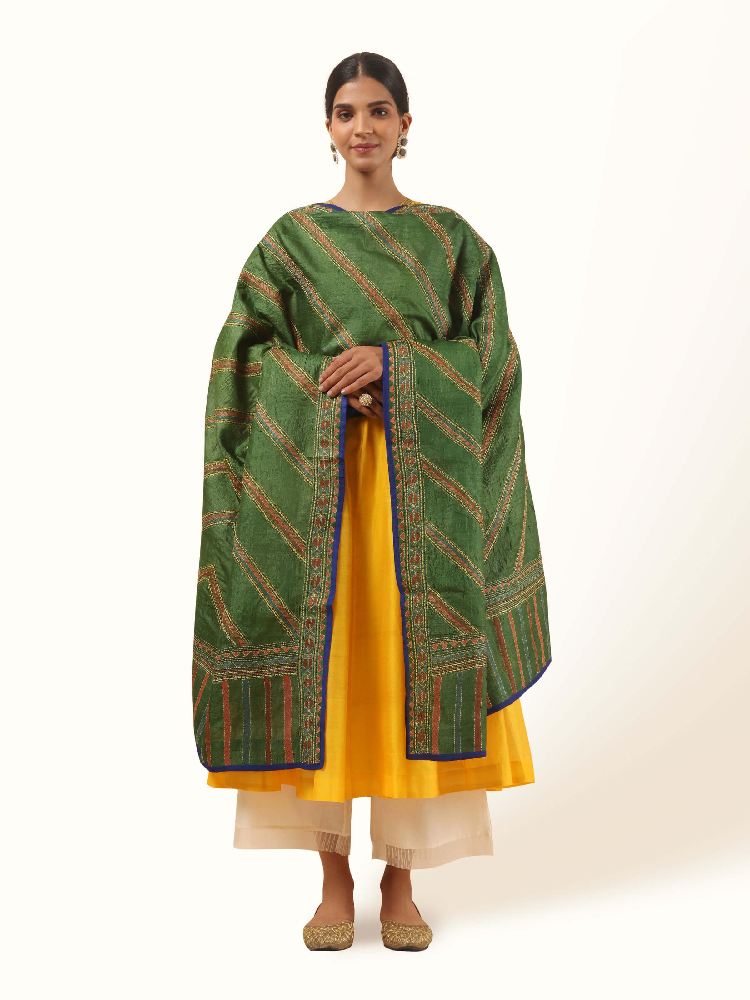 Olive Tussar Silk Kantha Embroidered Stole