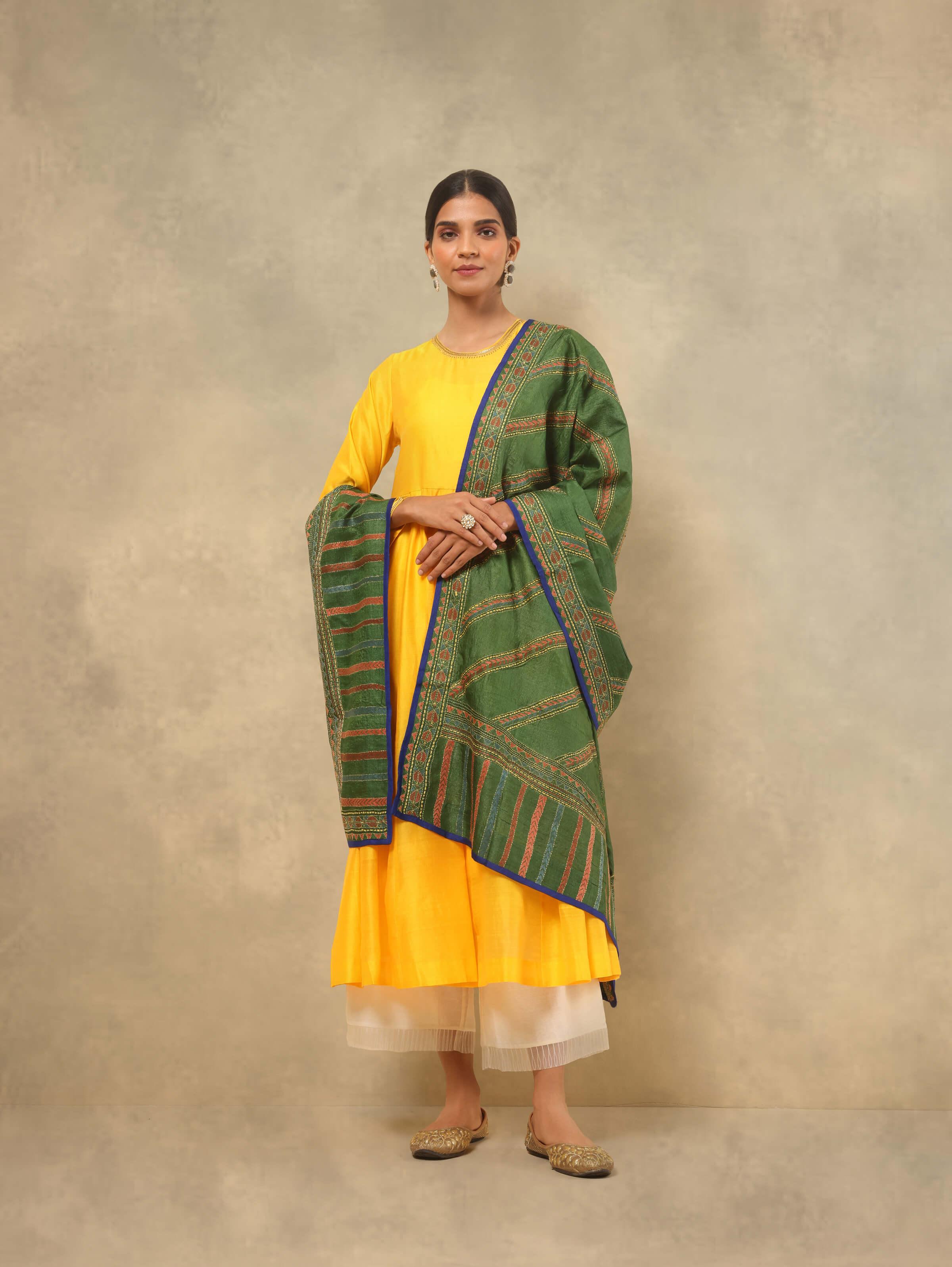 Olive Tussar Silk Kantha Embroidered Stole