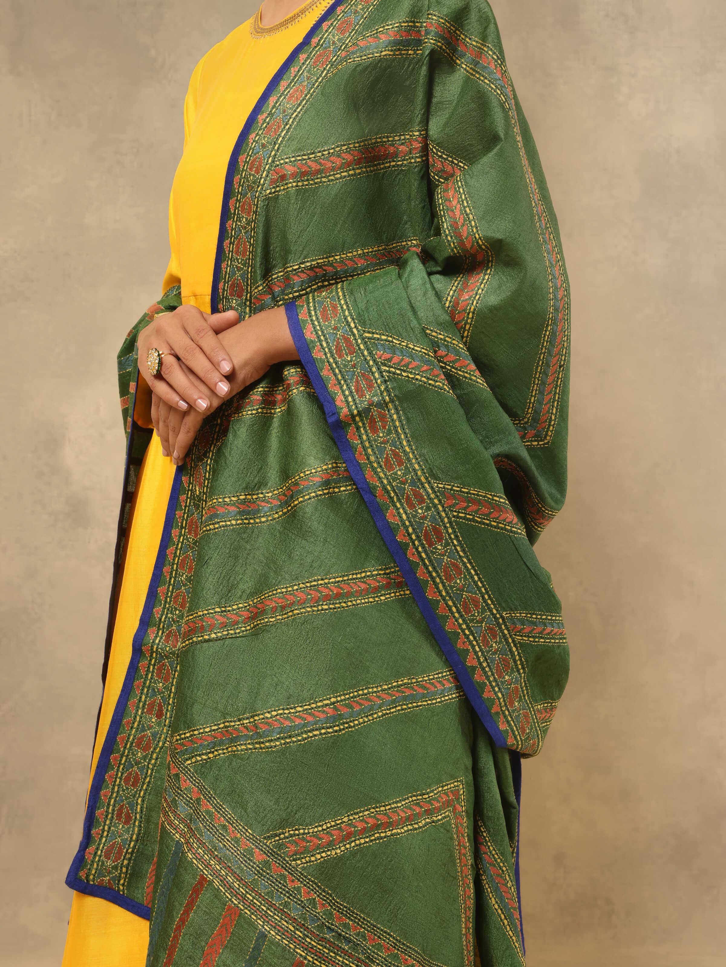 Olive Tussar Silk Kantha Embroidered Stole