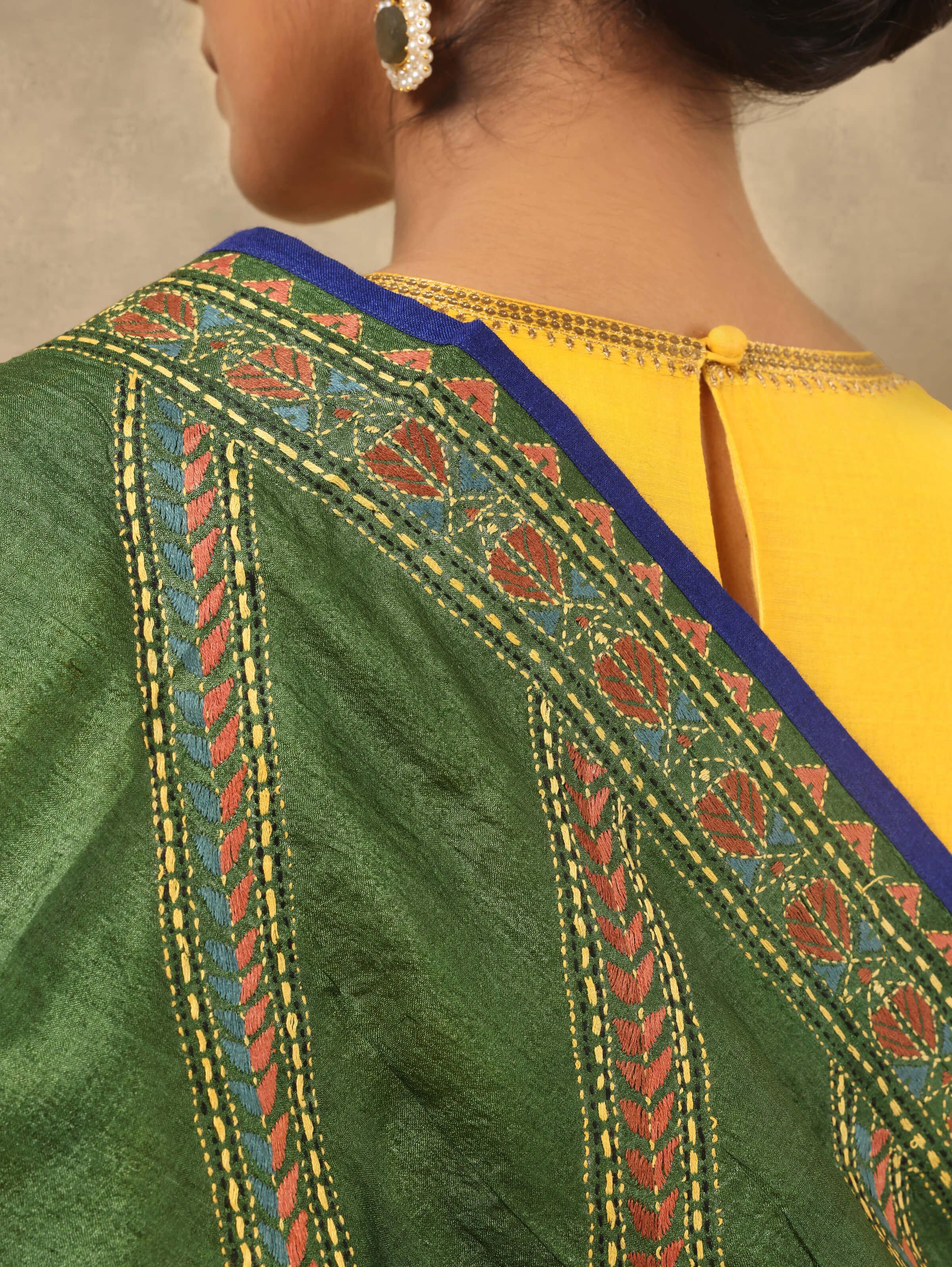 Olive Tussar Silk Kantha Embroidered Stole