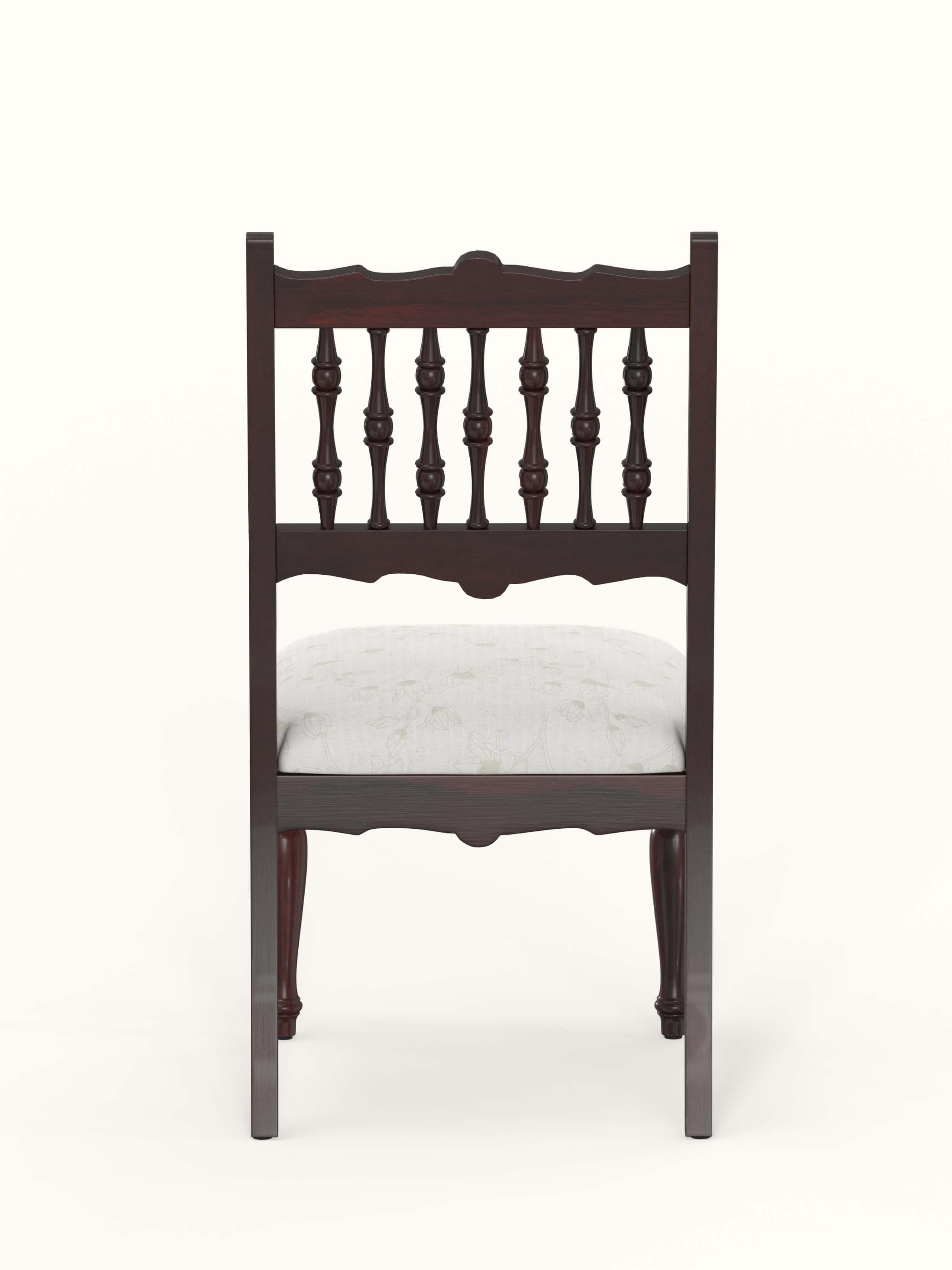 Close-up view of Walnut finish upholstered Sheesham wood dining chair (2 pcs) emphasizing fine detailing and soft cushions