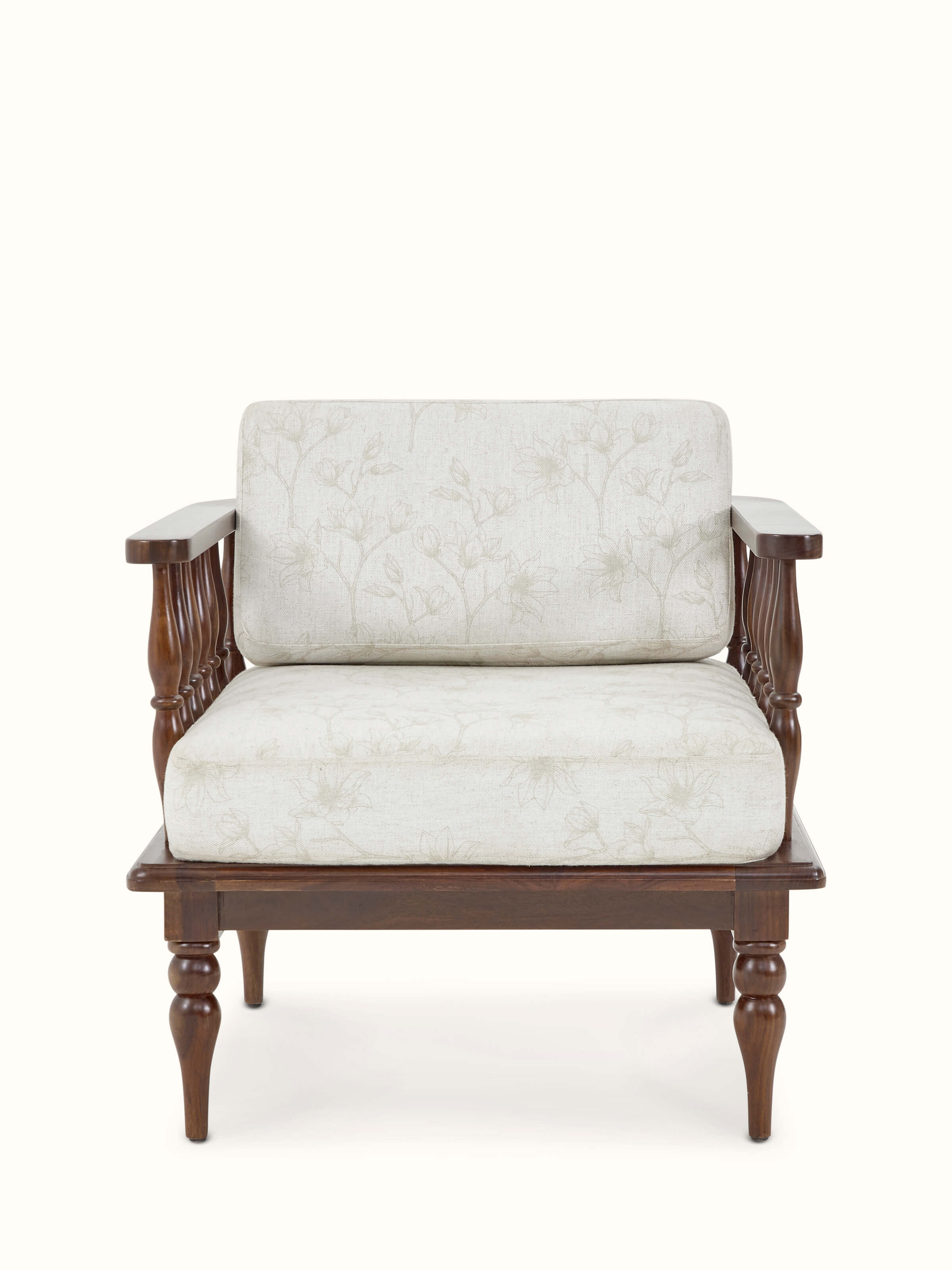 Teak finish upholstered sheesham wood 1-seater sofa, showcasing its elegant design and comfortable upholstery.