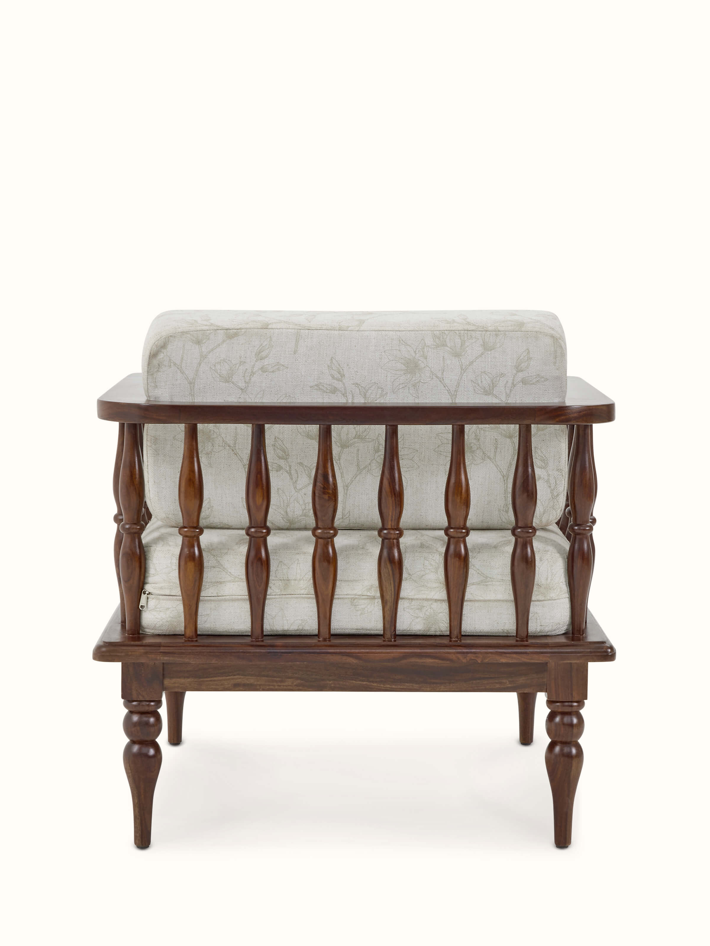 Close-up of the teak finish and upholstered seat on the sheesham wood 1-seater sofa, highlighting the texture and comfort.