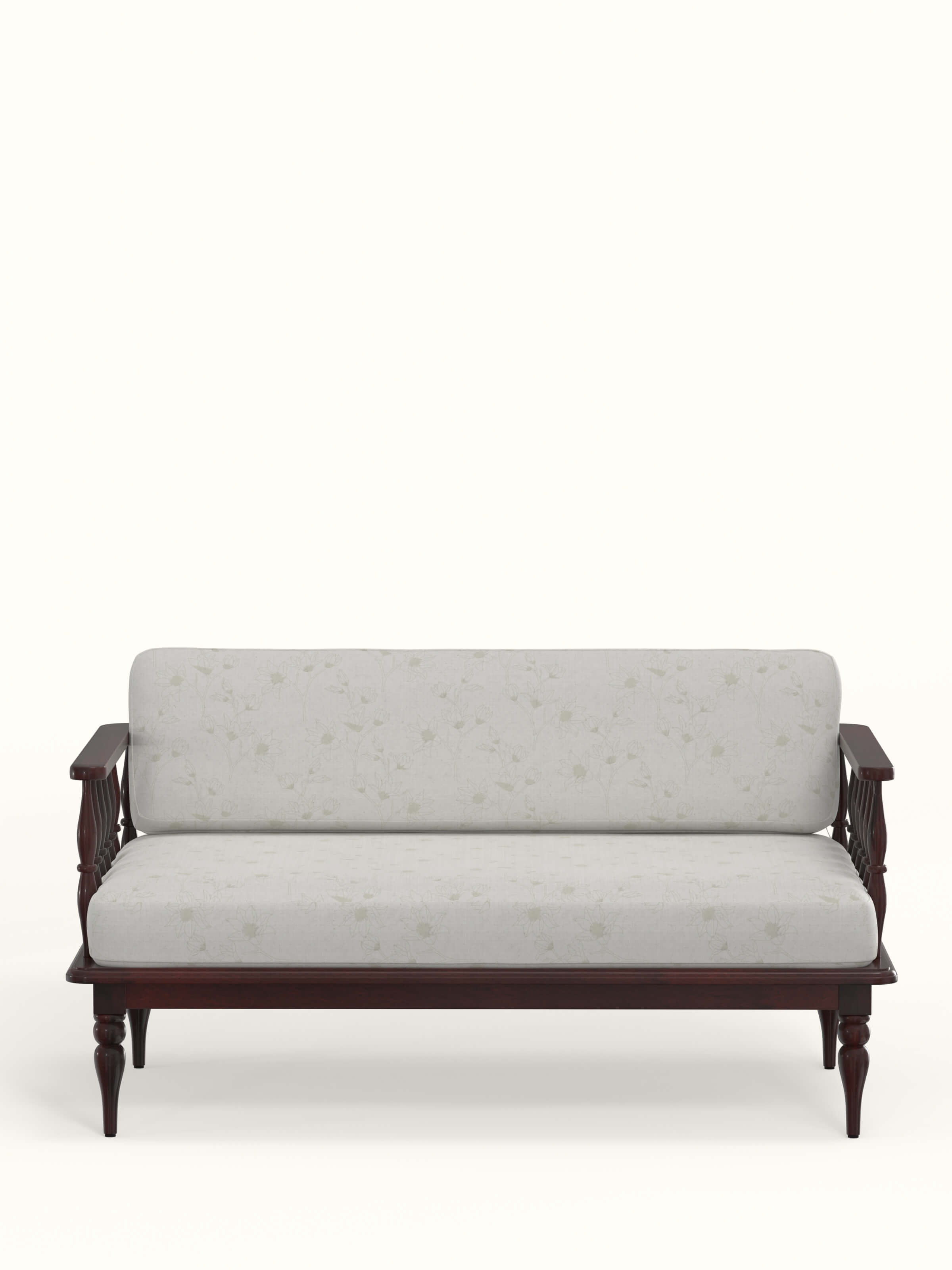 Front view of walnut finish upholstered sheesham wood 2-seater sofa highlighting classic design and cozy seating
