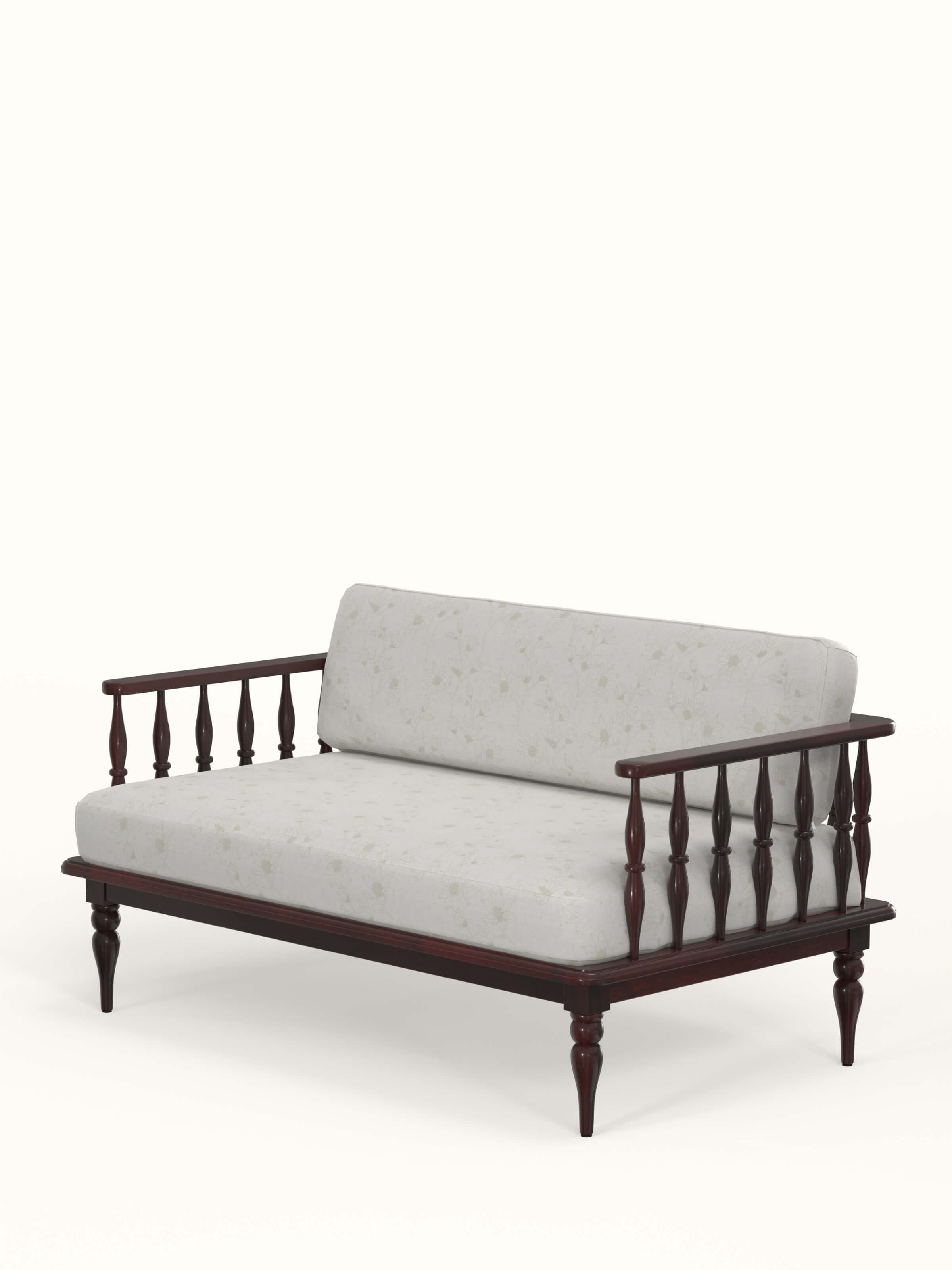 Side view of walnut finish upholstered sheesham wood 2-seater sofa displaying armrest style and profile