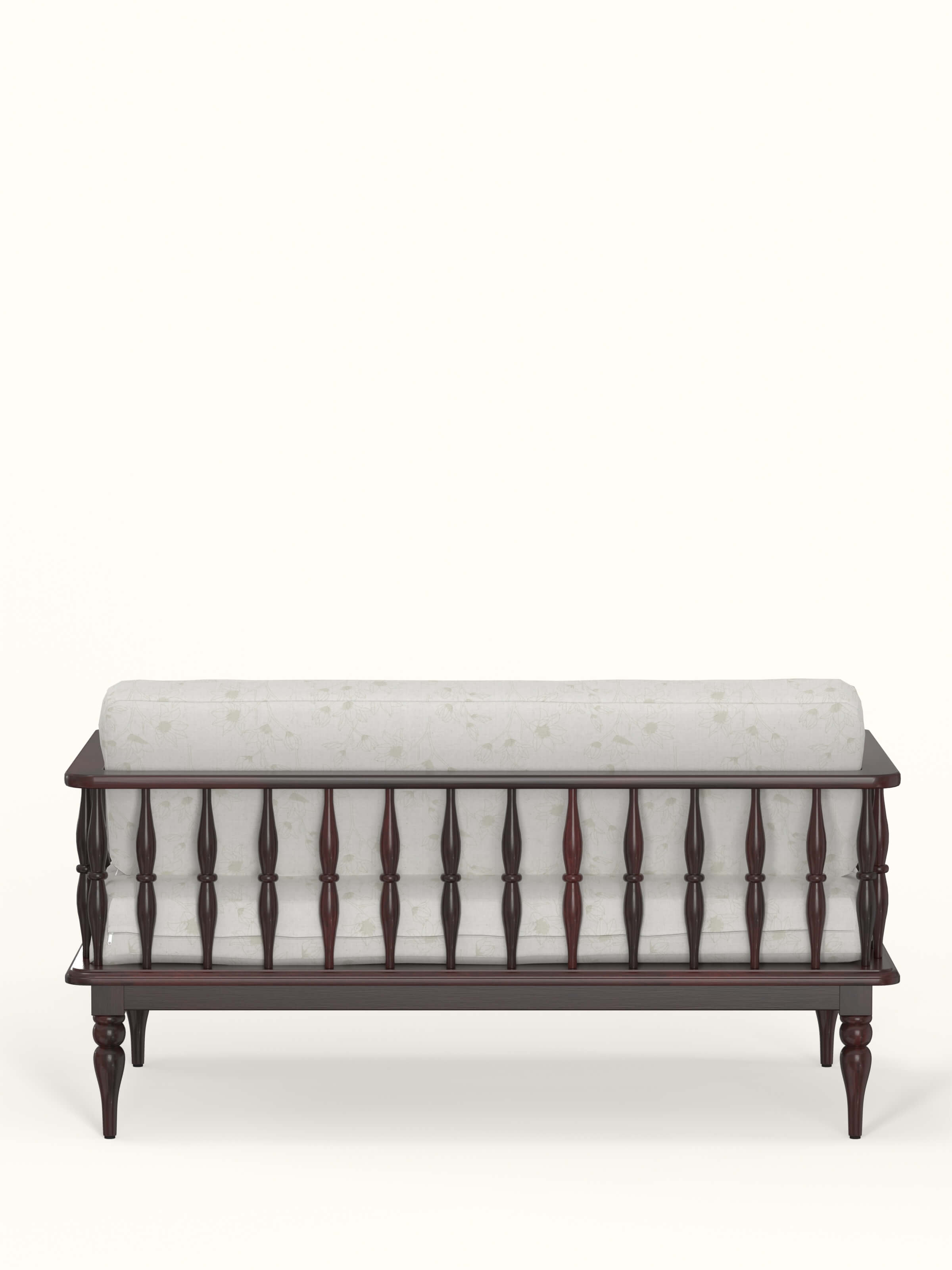 Angled view of walnut finish upholstered sheesham wood 2-seater sofa showcasing sleek lines and rich wood tone