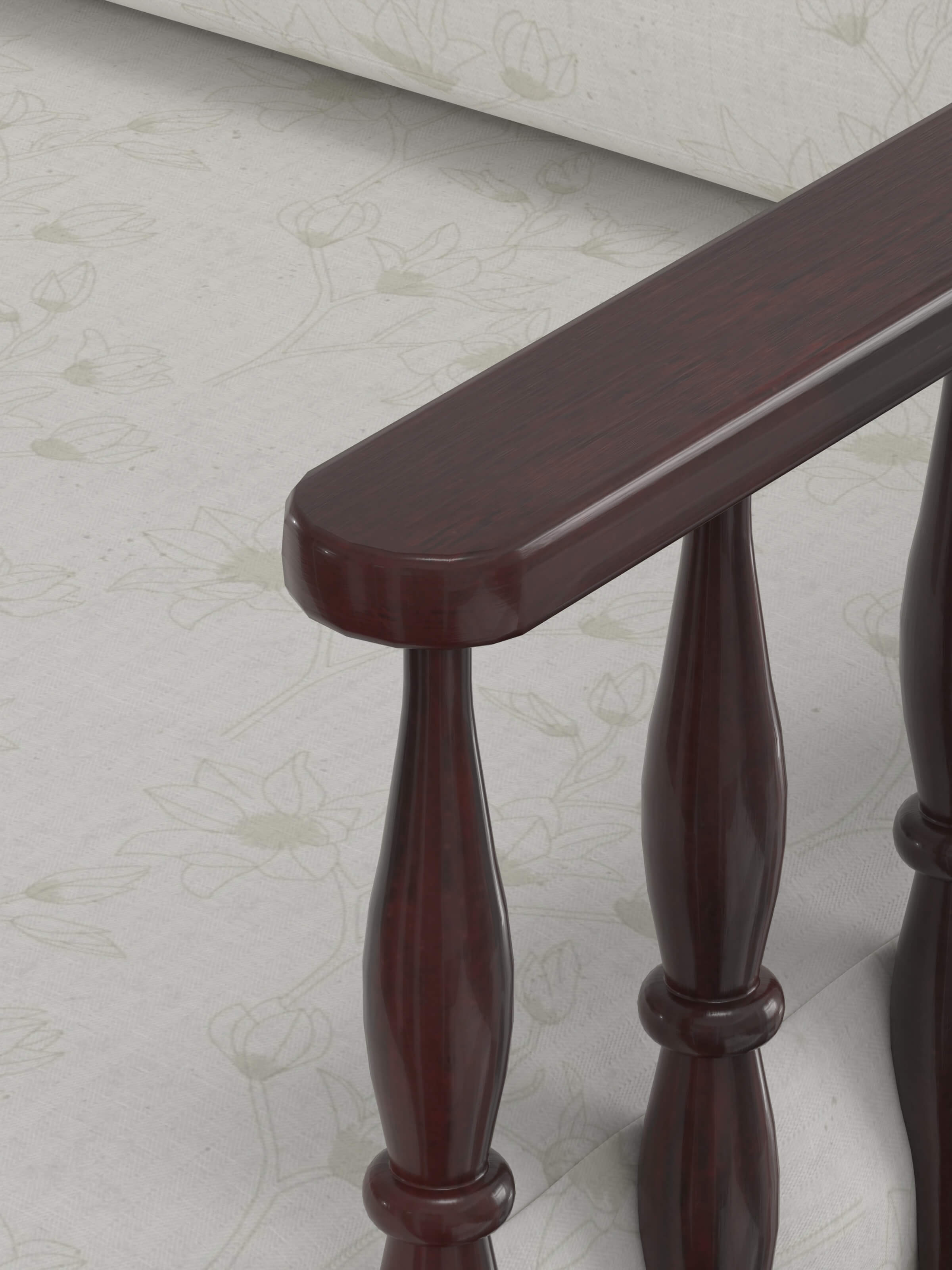 Back view of walnut finish upholstered sheesham wood 2-seater sofa emphasizing structure and silhouette