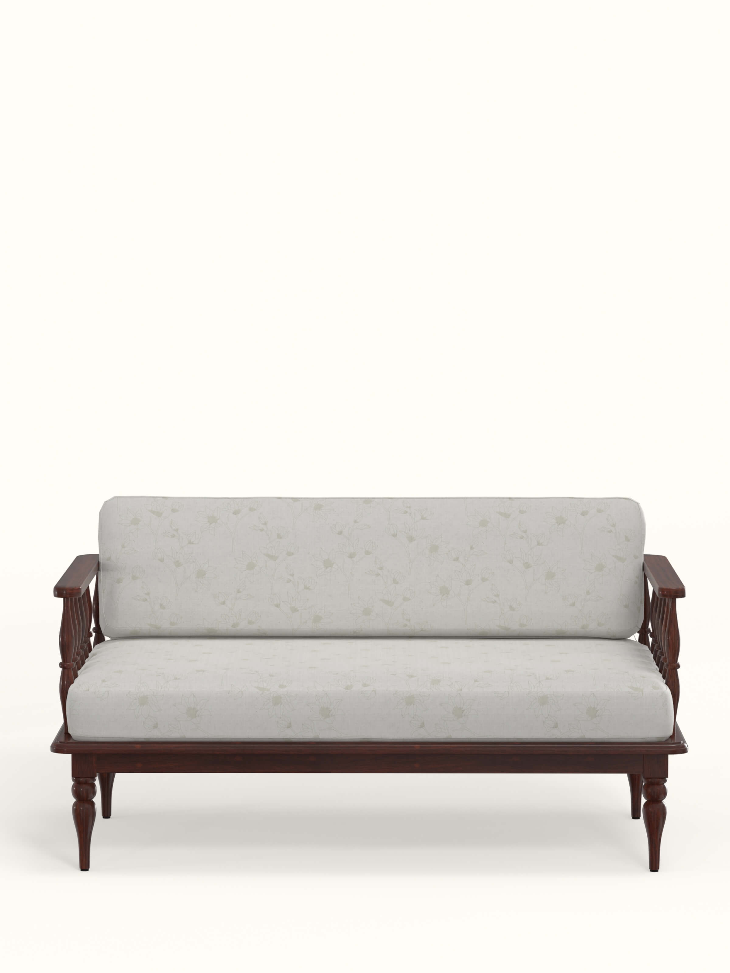 Front view of Teak Finish Upholstered Sheesham Wood 2-seater Sofa showcasing the natural grain of the sheesham wood and comfortable upholstery.
