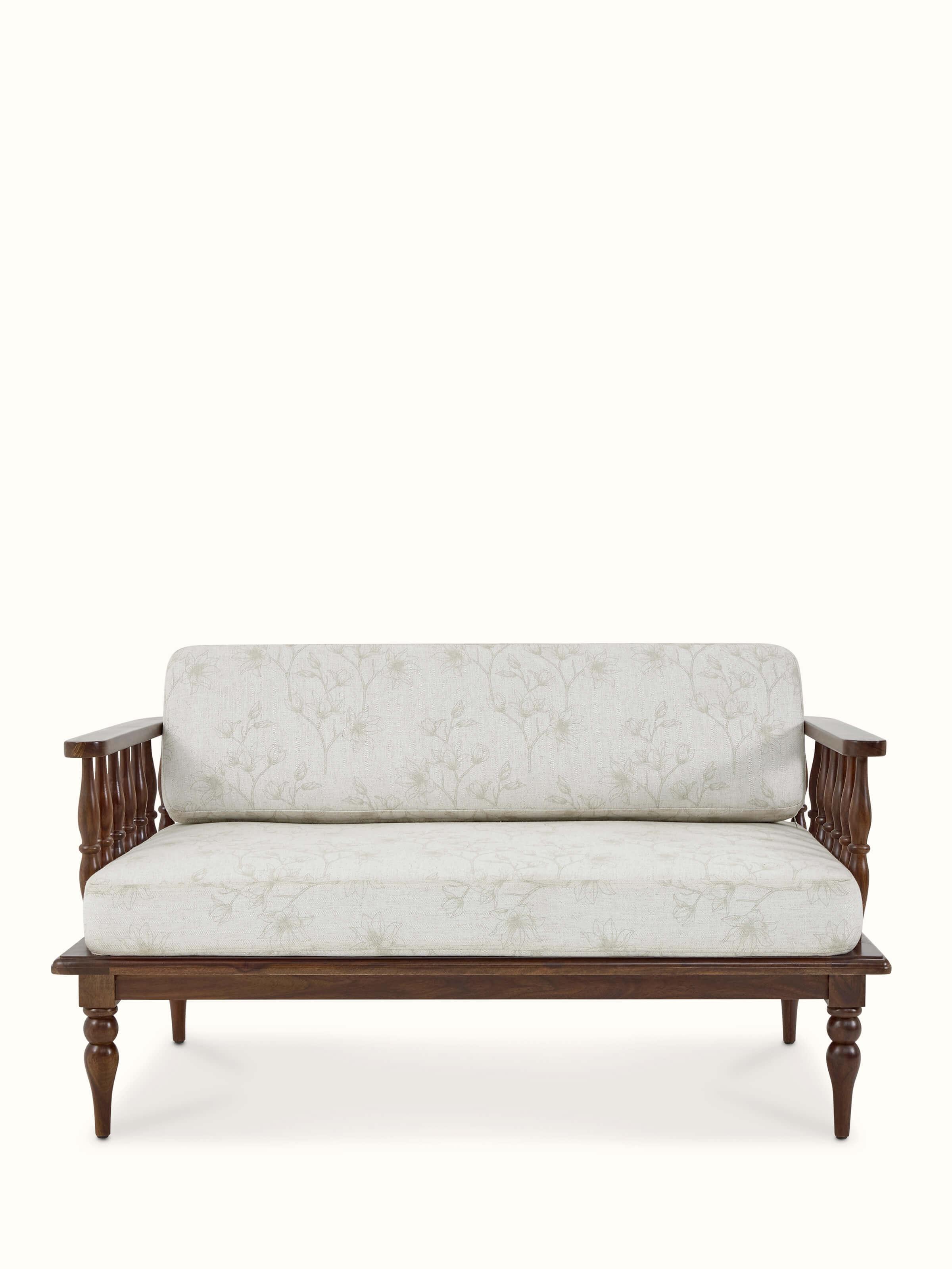 Front view of the teak finish upholstered sheesham wood 2-seater sofa, showcasing the elegant design and fabric upholstery