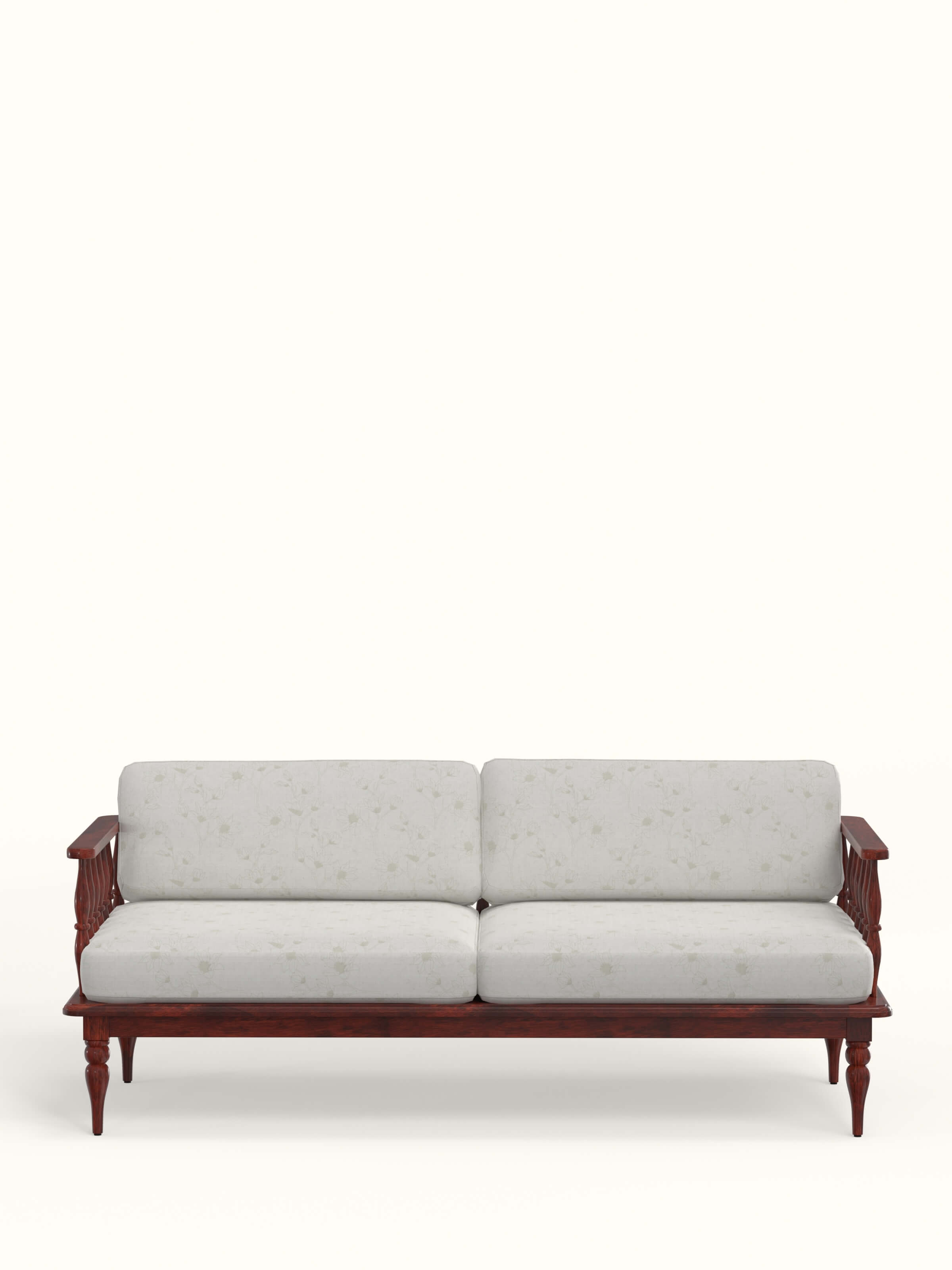 Front view of Honey Finish Upholstered Sheesham Wood 3-seater Sofa showcasing its rich honey wood finish and comfortable upholstery.