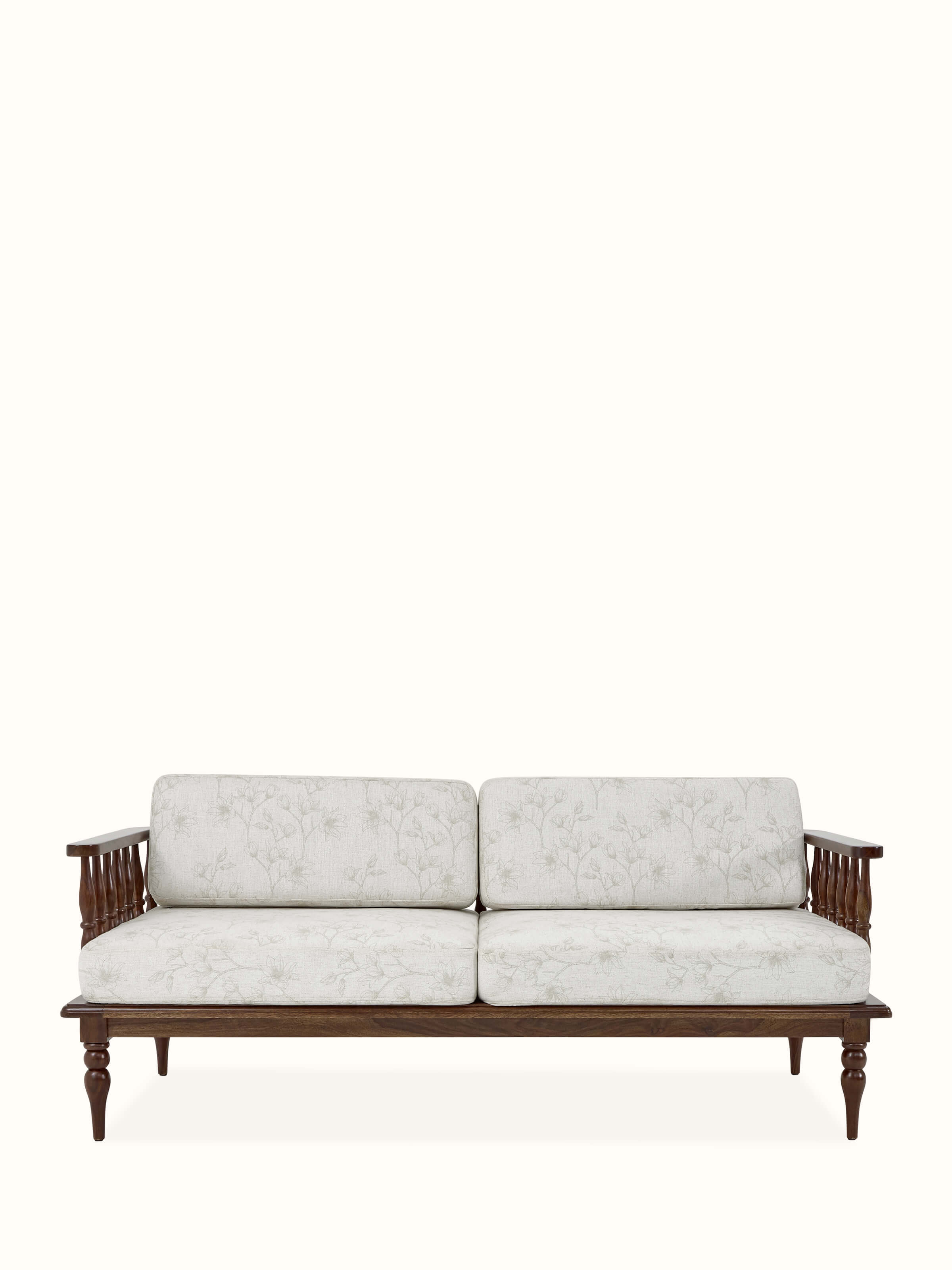 Front view of the teak finish upholstered Sheesham wood 3-seater sofa, showcasing its elegant design and sturdy structure