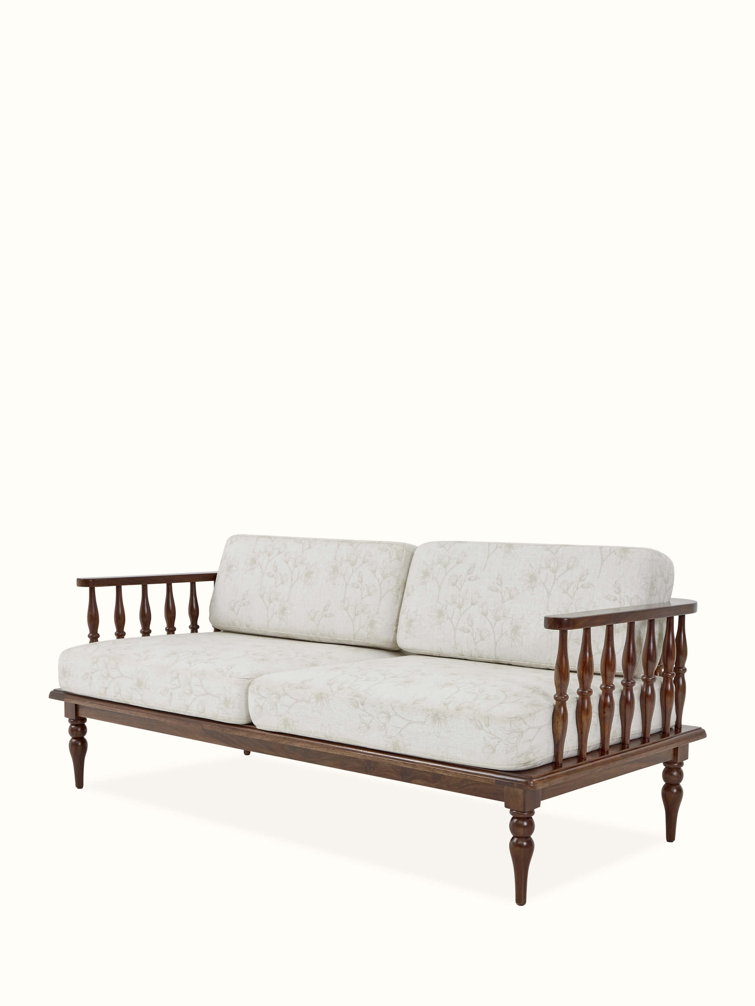 Angled view of the Sheesham wood 3-seater sofa with teak finish, highlighting the upholstery and wood finish details