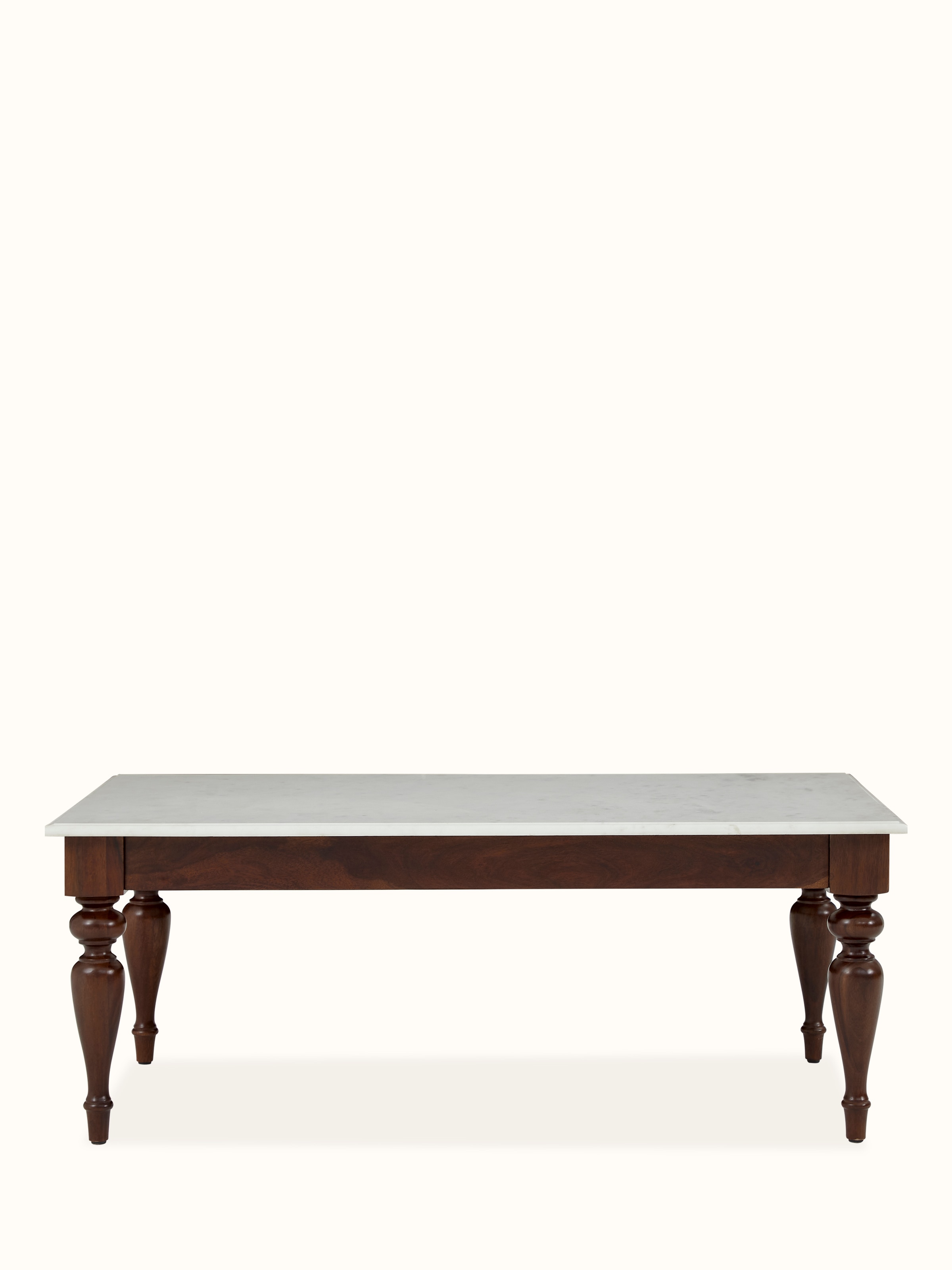 Front view of Sheesham wood & marble coffee table, showcasing its elegant design and premium materials.