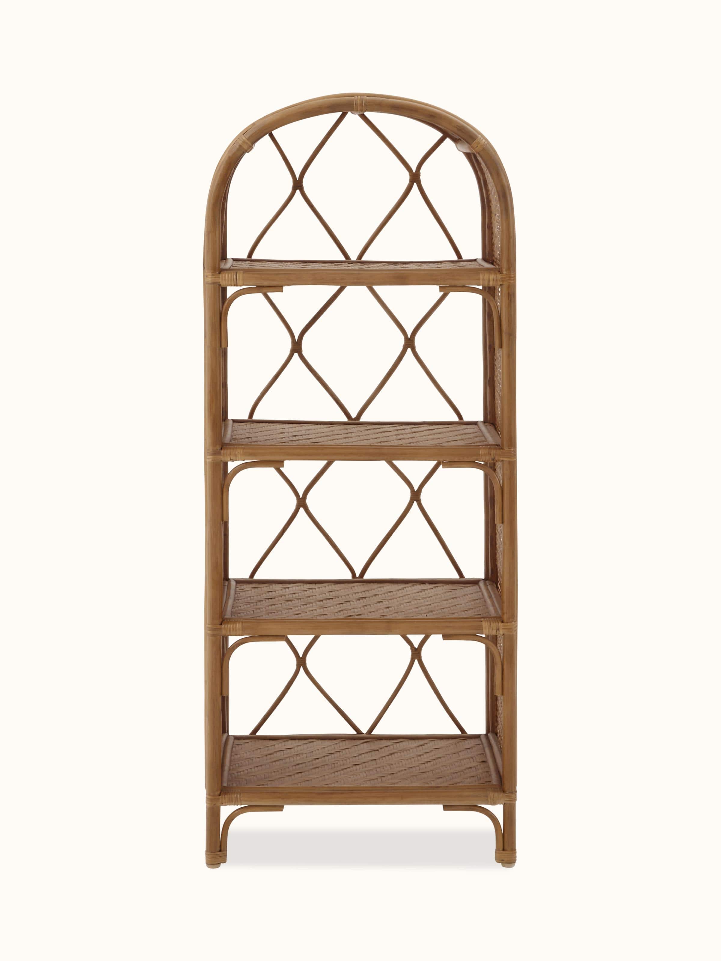 Front view of the cane bookshelf showcasing its natural texture and multiple shelves