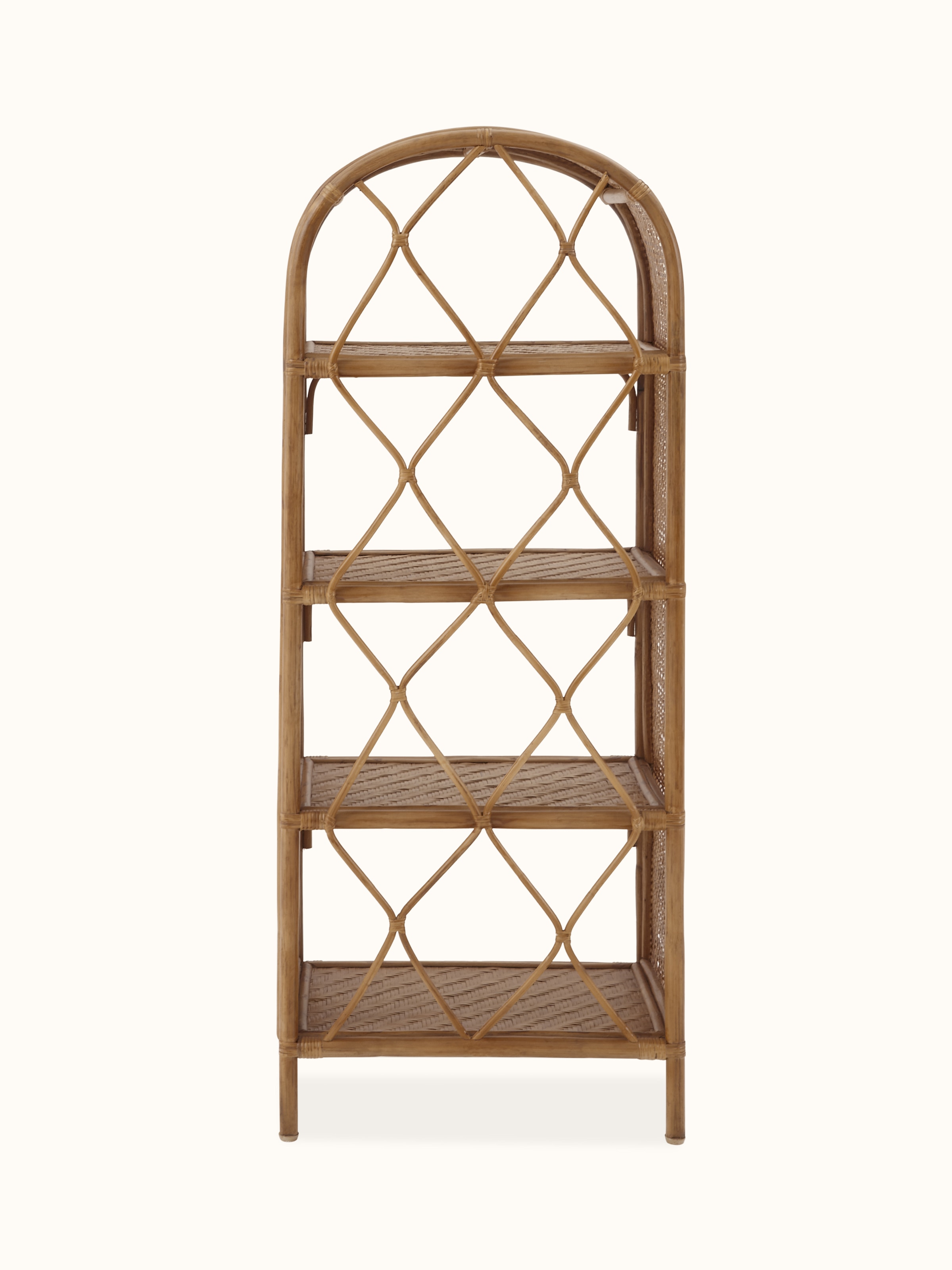 Detailed view of the cane bookshelf’s shelf supports and weave pattern, highlighting its durability