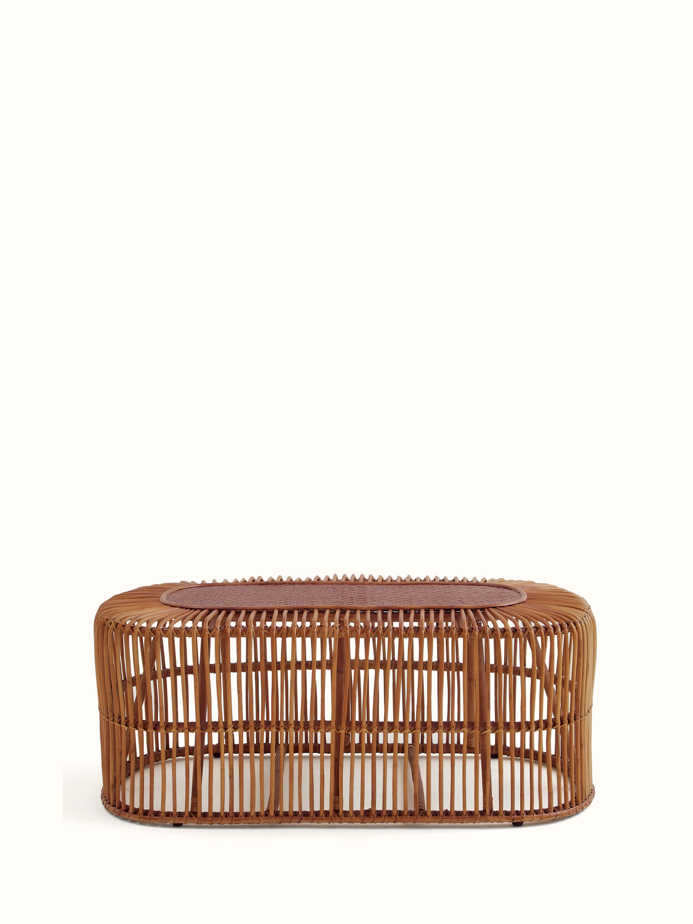 Front view of Cane & Bamboo Coffee Table, highlighting its natural texture and intricate weaving