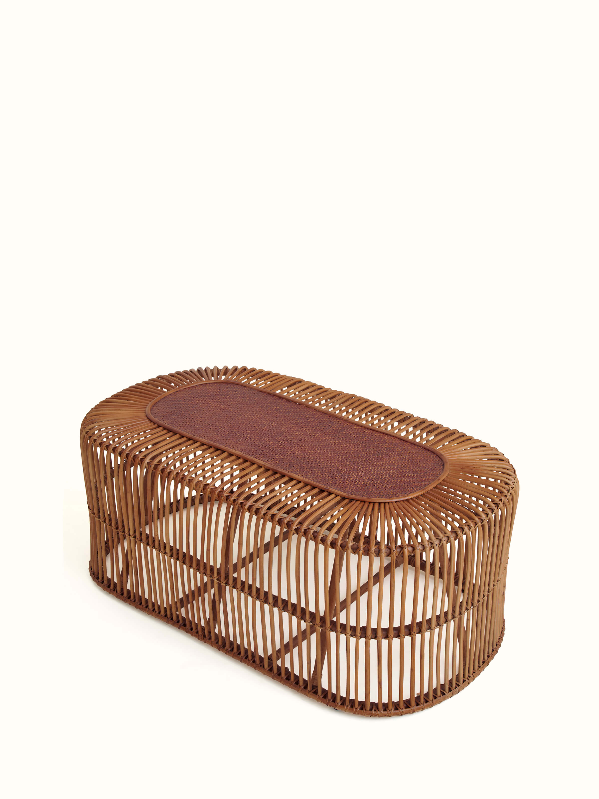 Angle view of Cane & Bamboo Coffee Table, emphasizing the unique texture and stylish design