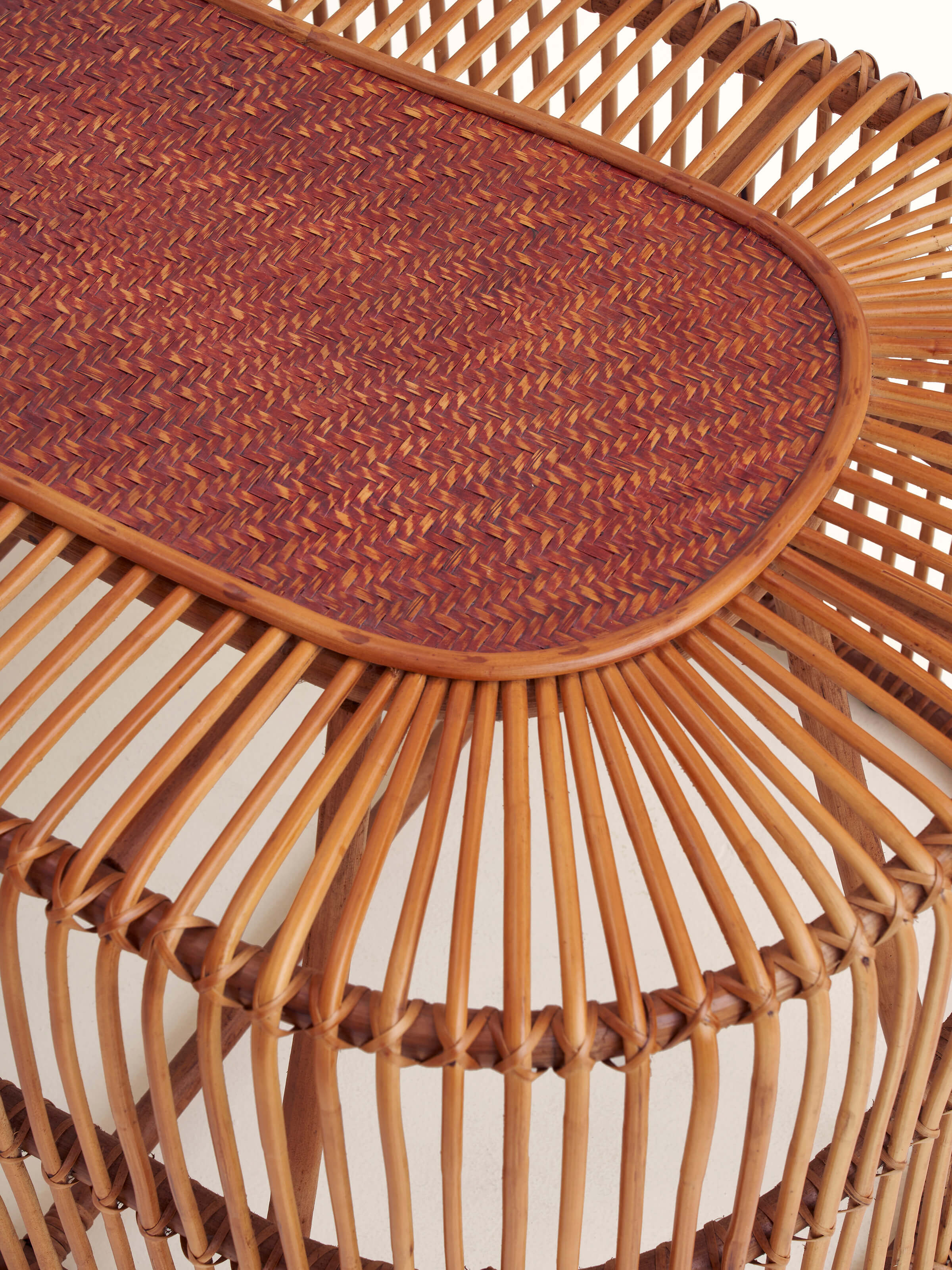 Front angle of Cane & Bamboo Coffee Table, showcasing the elegant curves and craftsmanship