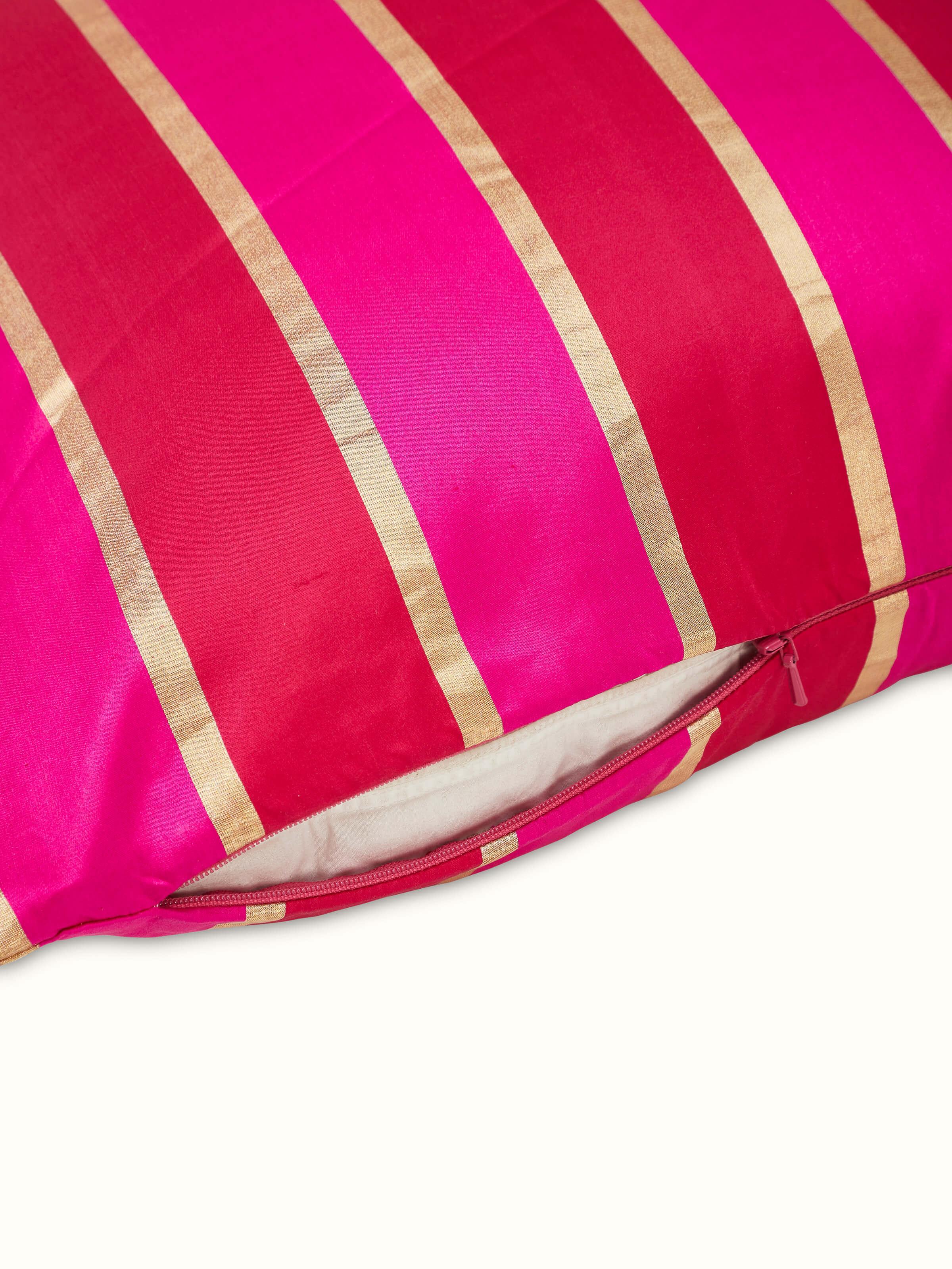 Detailed image of Aarcha raspberry stripe silk brocade Banarasi handloom cushion cover, focusing on its brocade fabric.