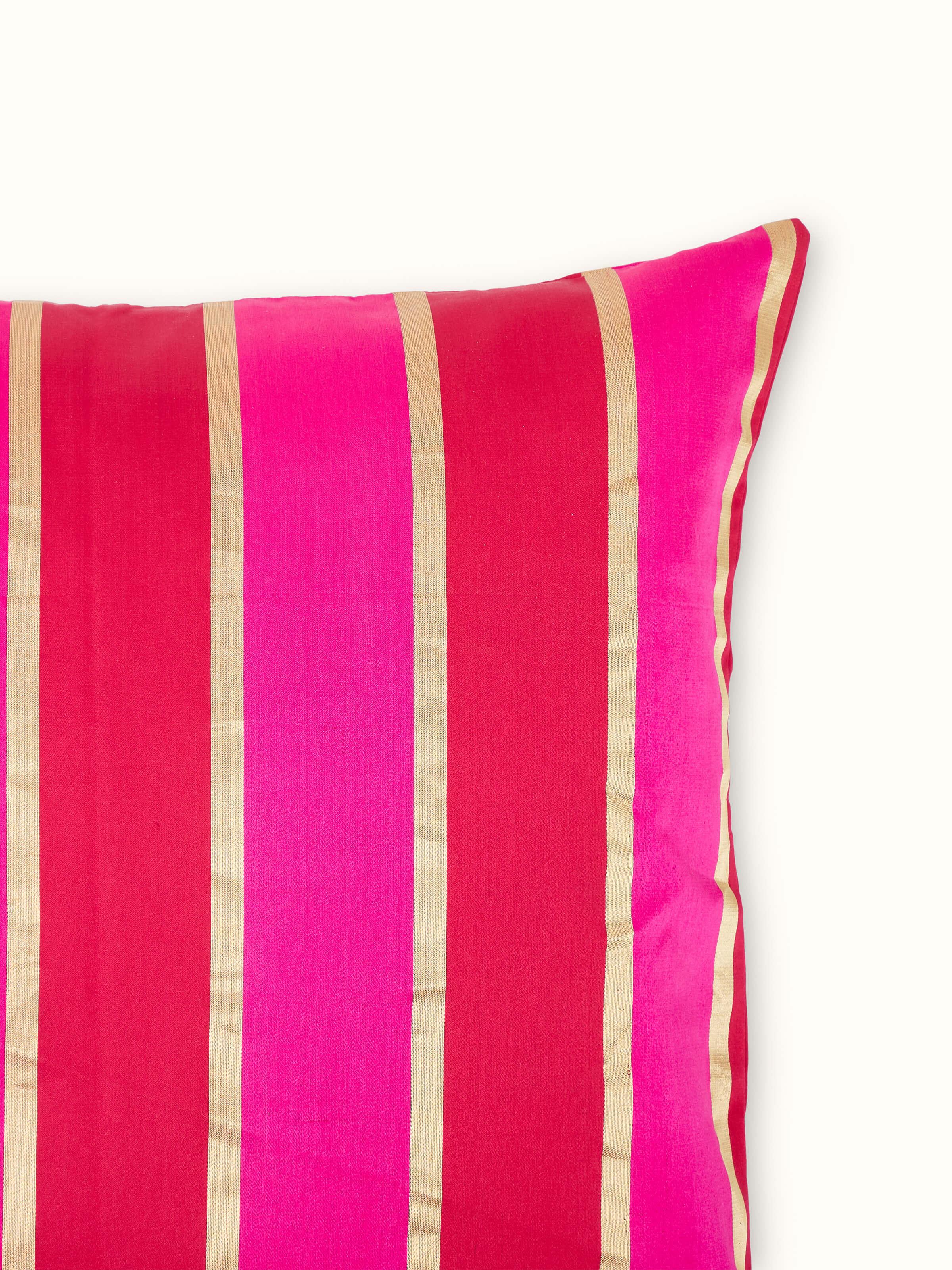 Aarcha raspberry stripe silk brocade Banarasi handloom cushion cover, displayed to emphasize its elegant design.