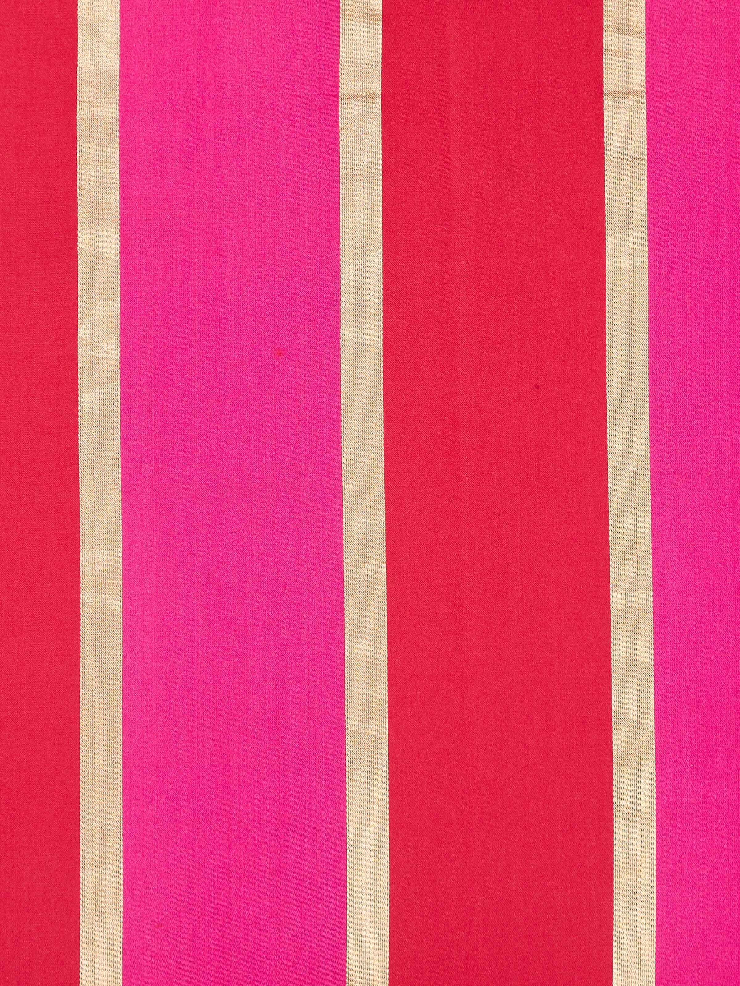 Close-up of Aarcha raspberry stripe silk brocade Banarasi handloom cushion cover, focusing on its luxurious fabric and pattern.