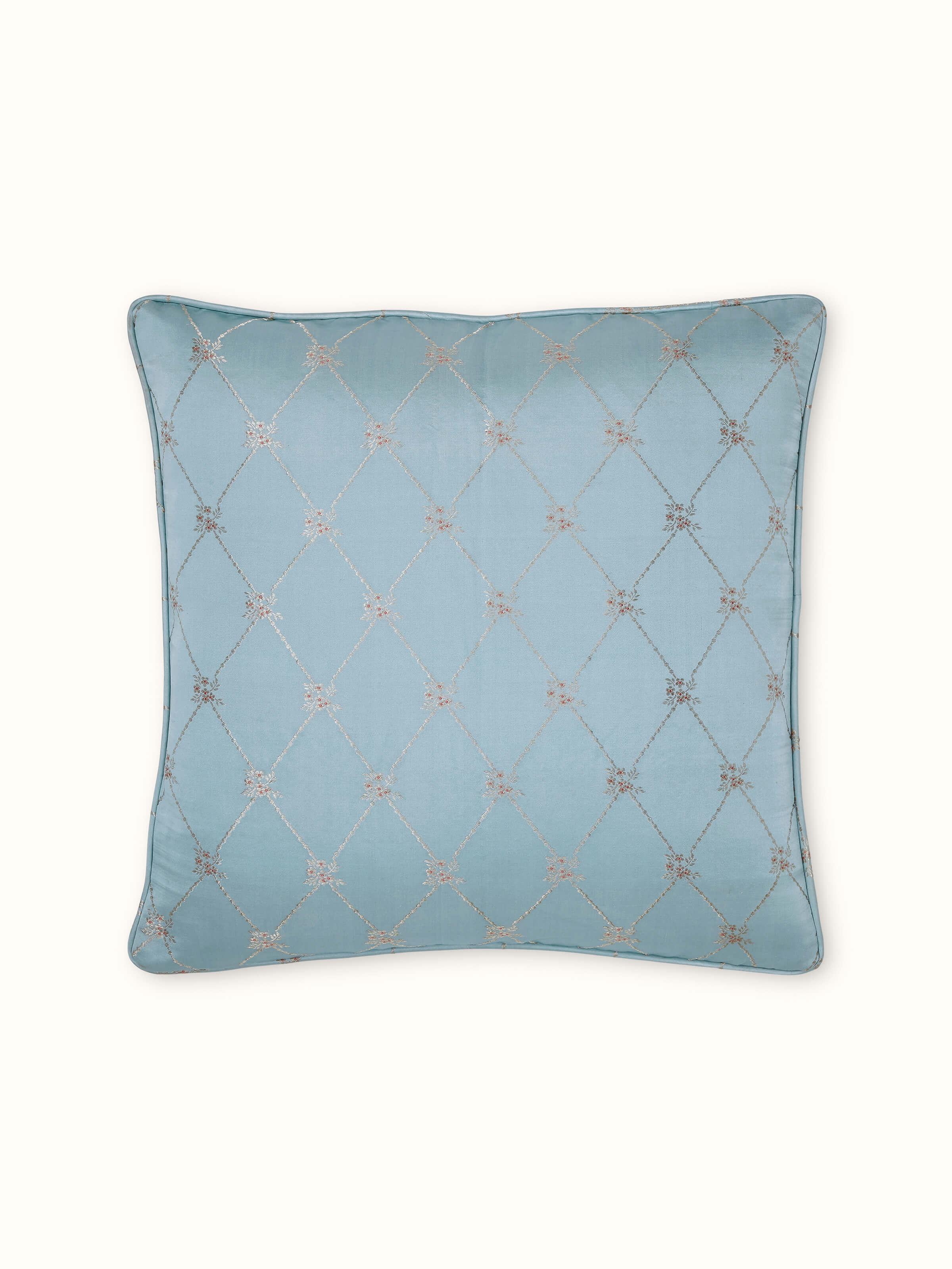 Front view: Front view of aqua Banarasi brocade cushion cover with trellis pattern and handloom silk finish.