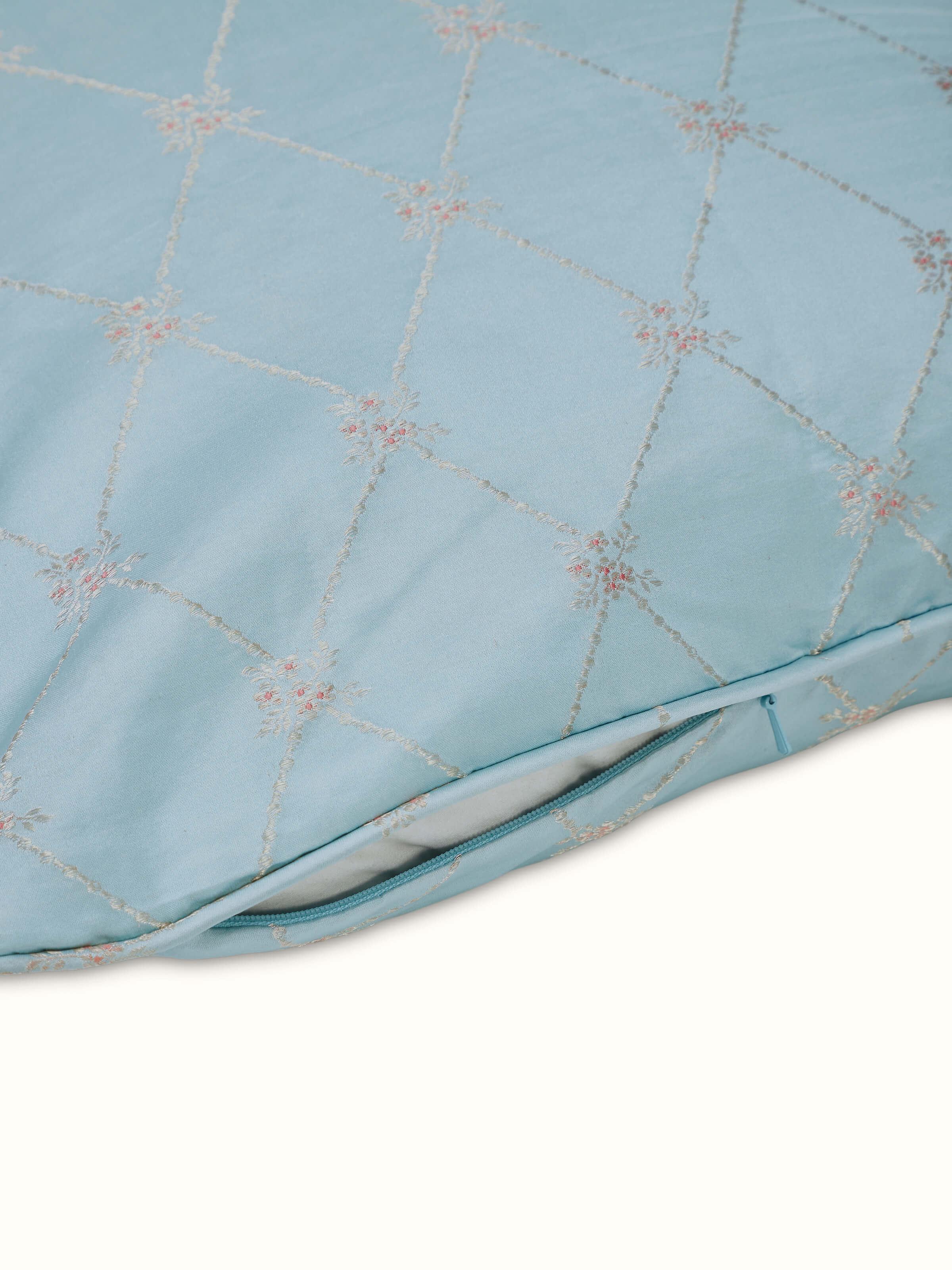 Detail shot 1: Close-up showing shimmering silk brocade with trellis design on soft aqua background.