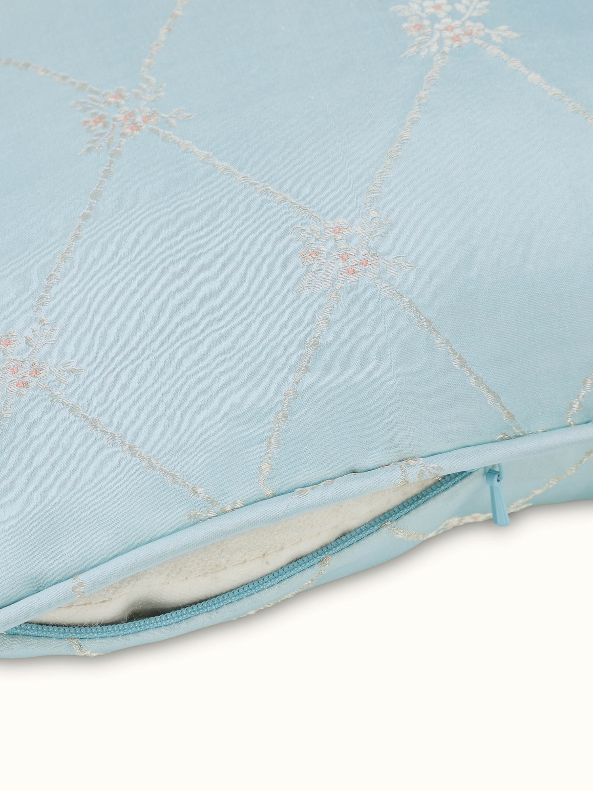 Detail shot showing delicate weaving and shimmer of silk threads.